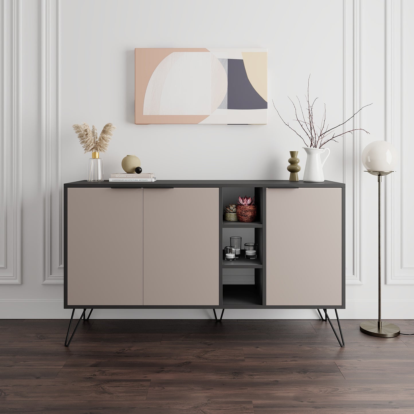 Modern sideboard cabinet with metal legs and closed storage, ideal for living room, dining area or hallway