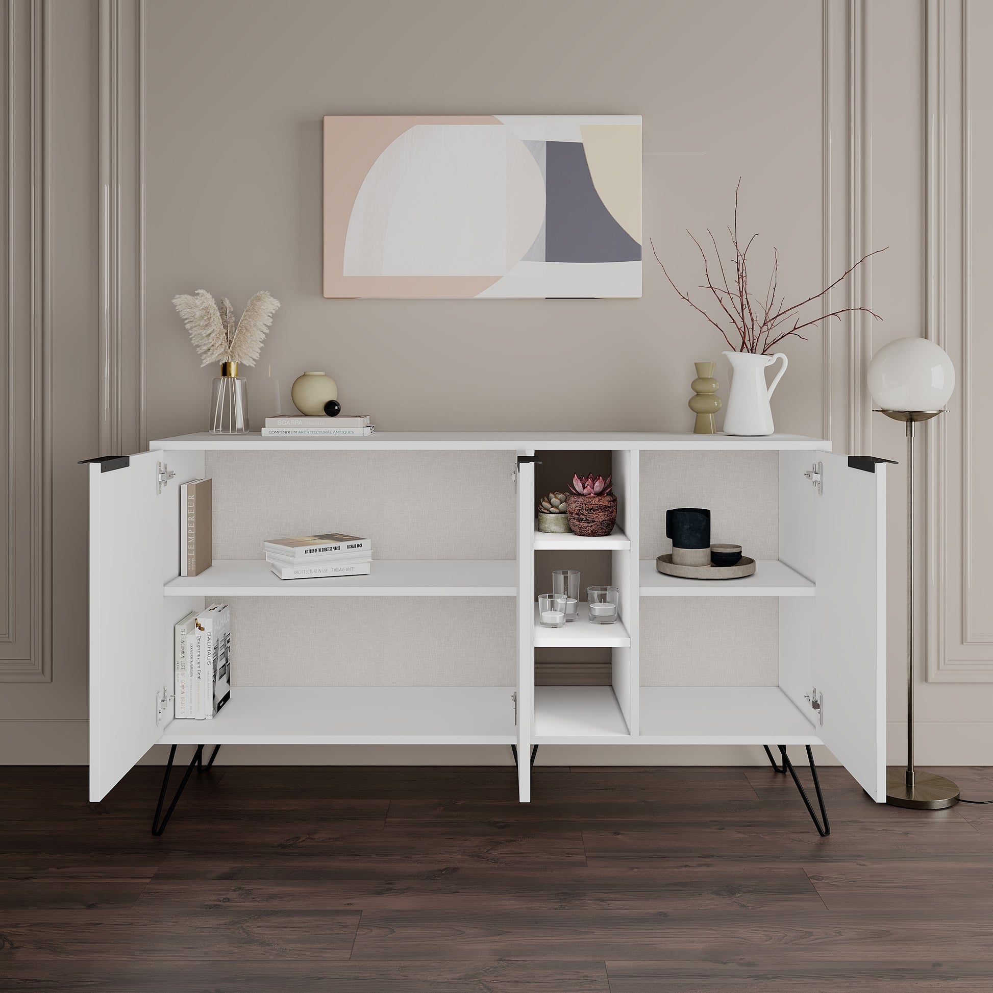 Modern sideboard cabinet with metal legs and closed storage, ideal for living room, dining area or hallway