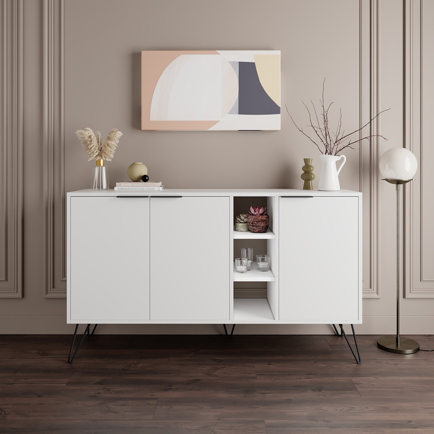Modern sideboard cabinet with metal legs and closed storage, ideal for living room, dining area or hallway