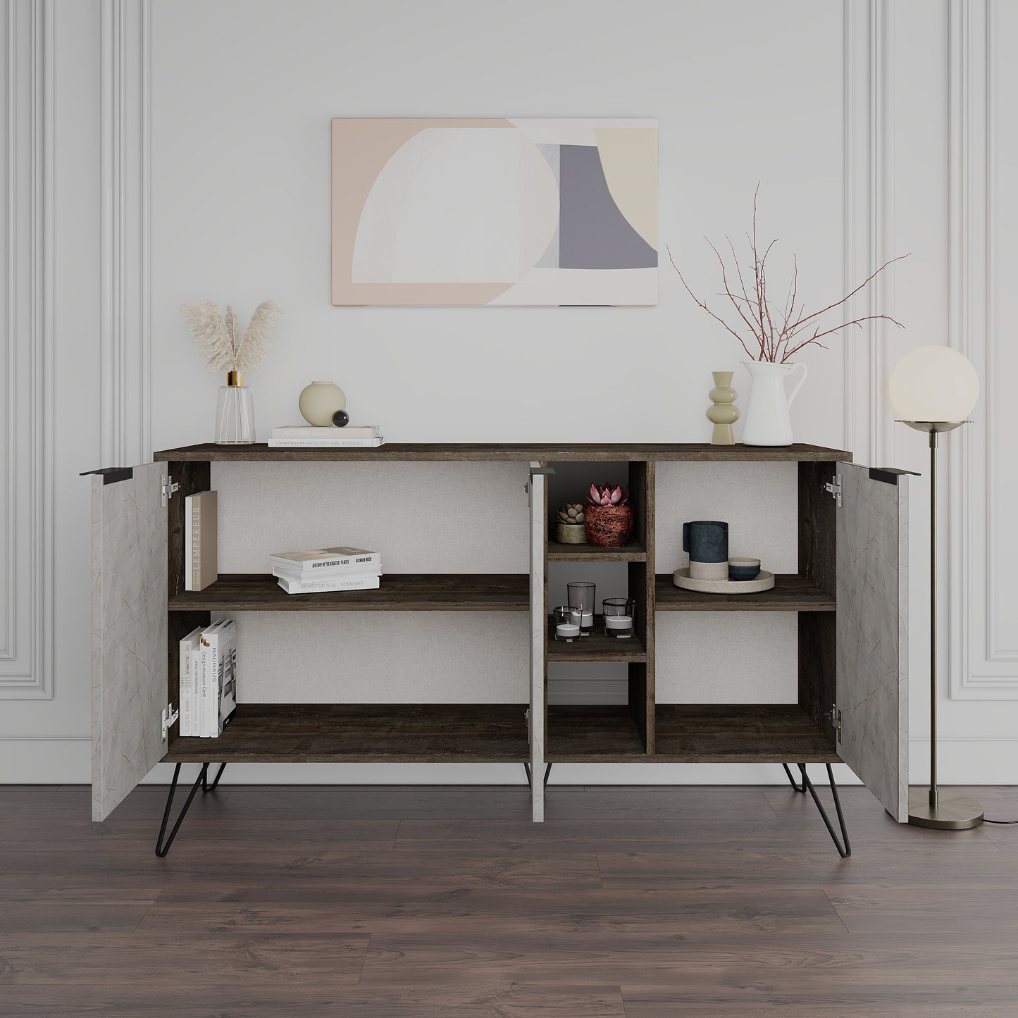 Modern sideboard cabinet with metal legs and closed storage, ideal for living room, dining area or hallway