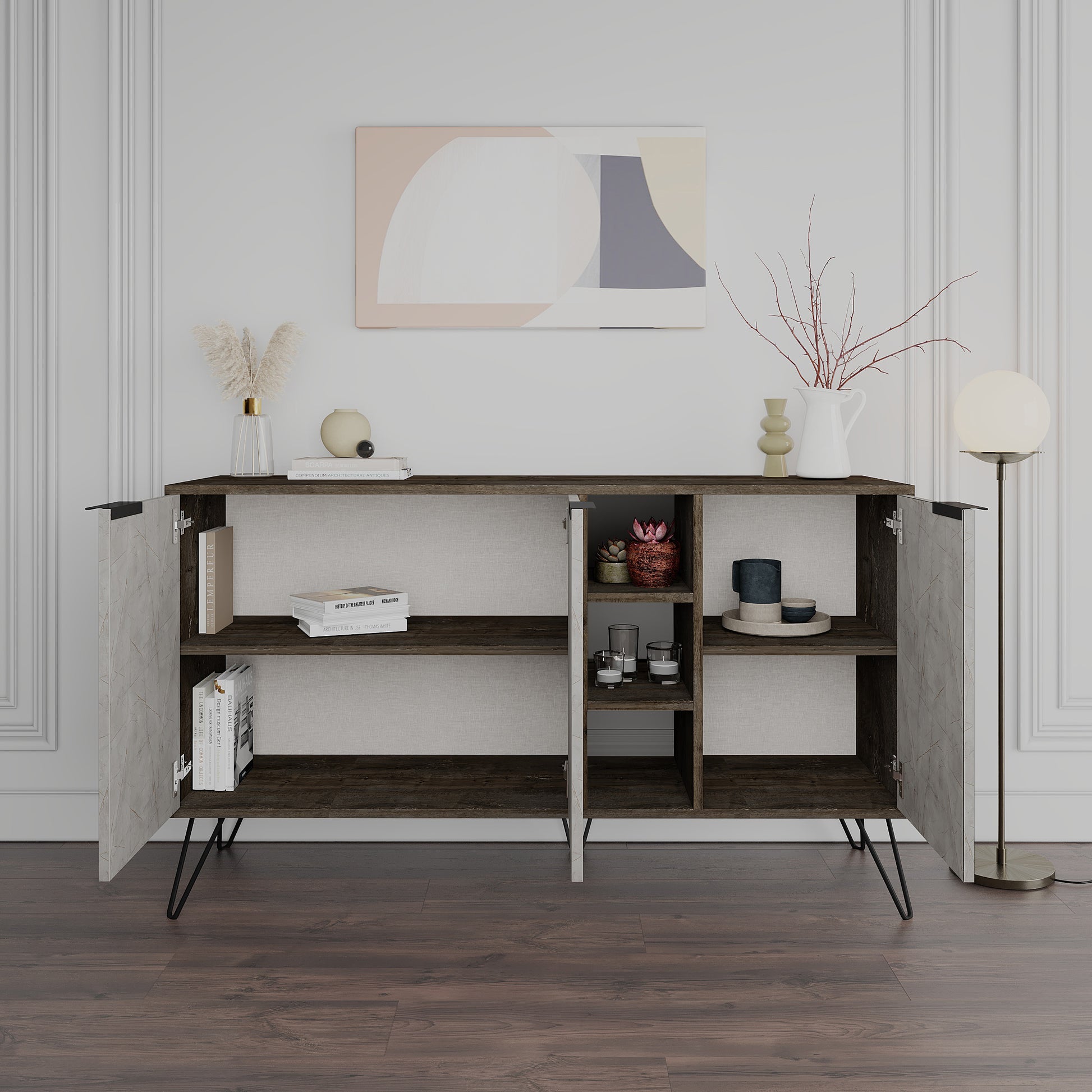 Modern sideboard cabinet with metal legs and closed storage, ideal for living room, dining area or hallway