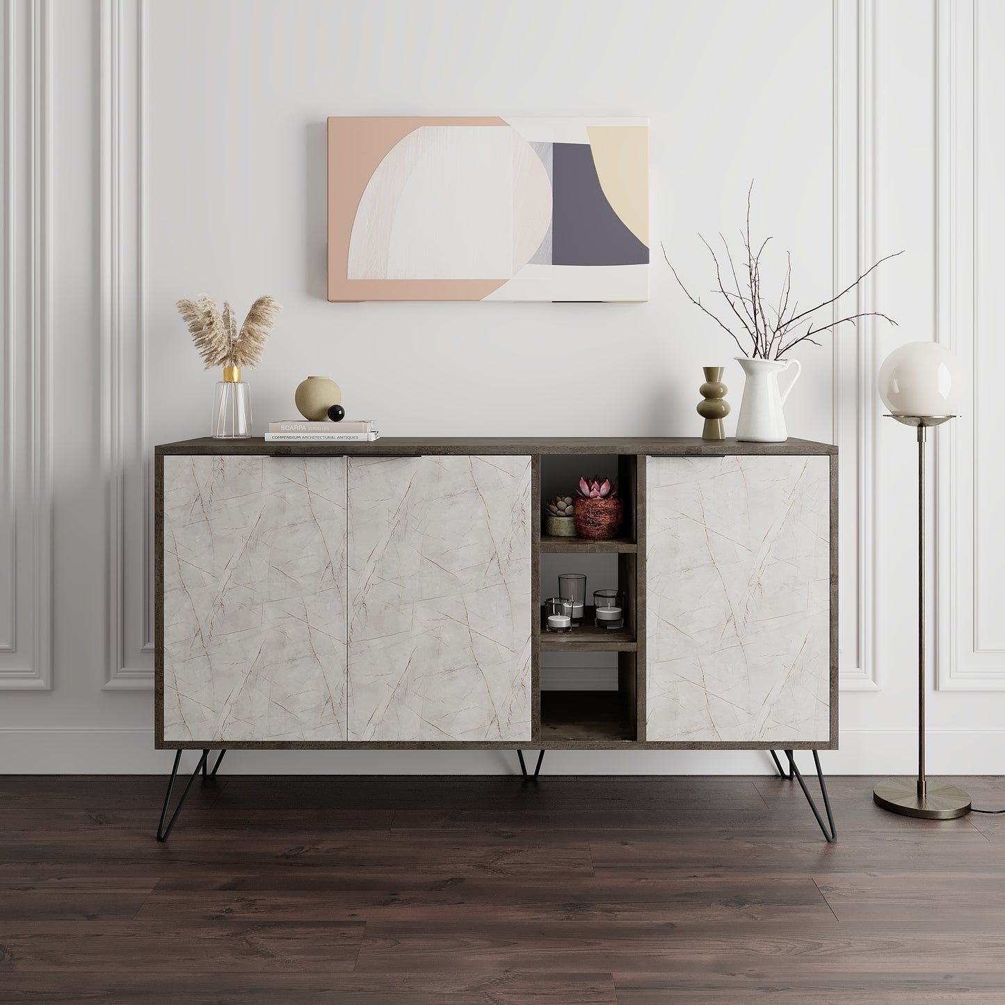 Modern sideboard cabinet with metal legs and closed storage, ideal for living room, dining area or hallway