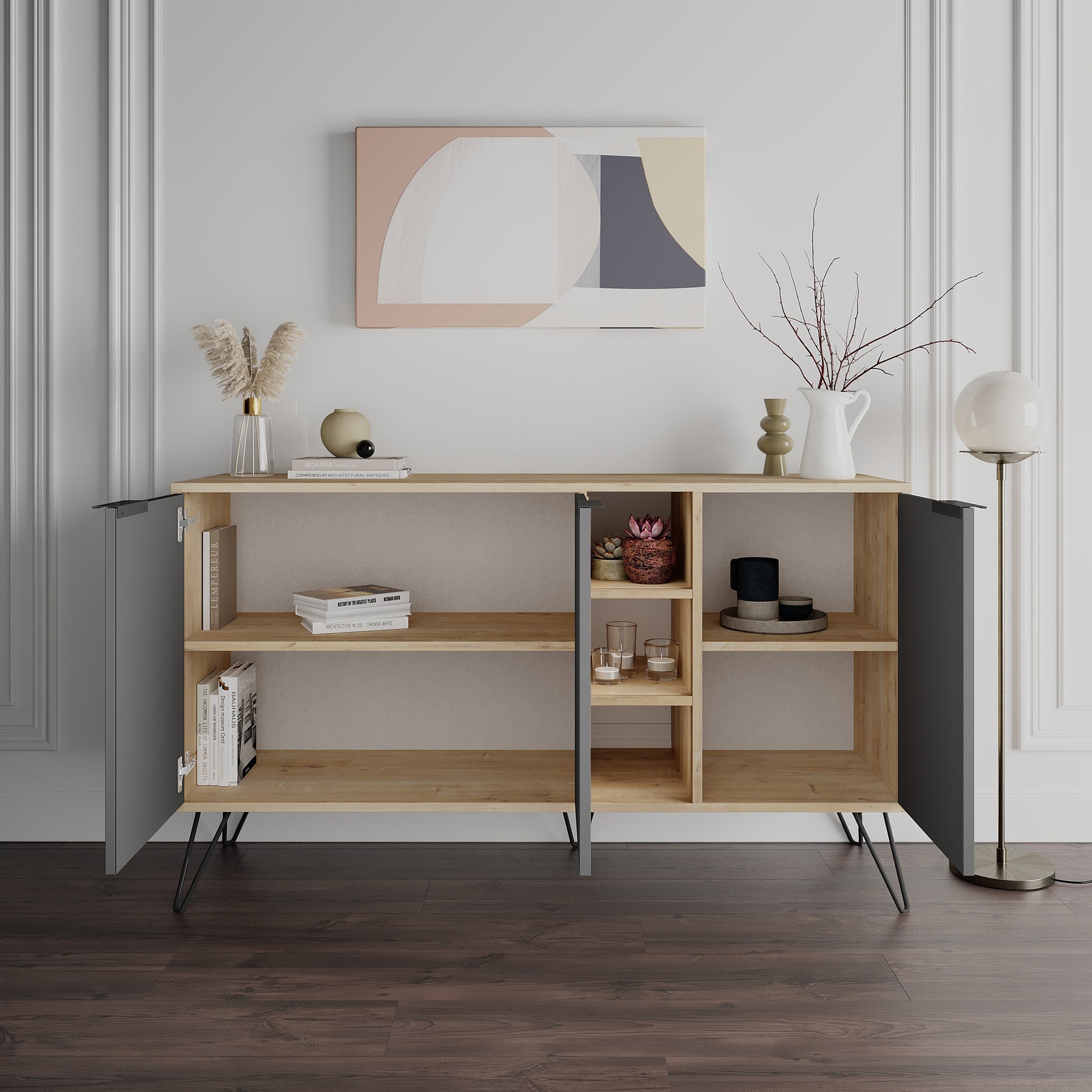 Modern sideboard cabinet with metal legs and closed storage, ideal for living room, dining area or hallway