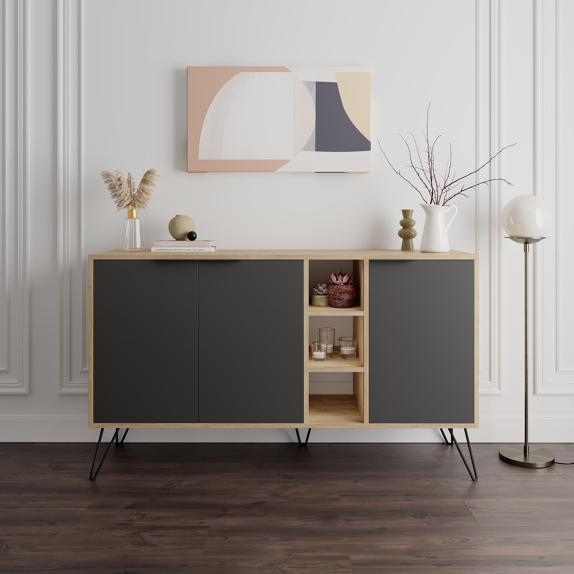 Modern sideboard cabinet with metal legs and closed storage, ideal for living room, dining area or hallway