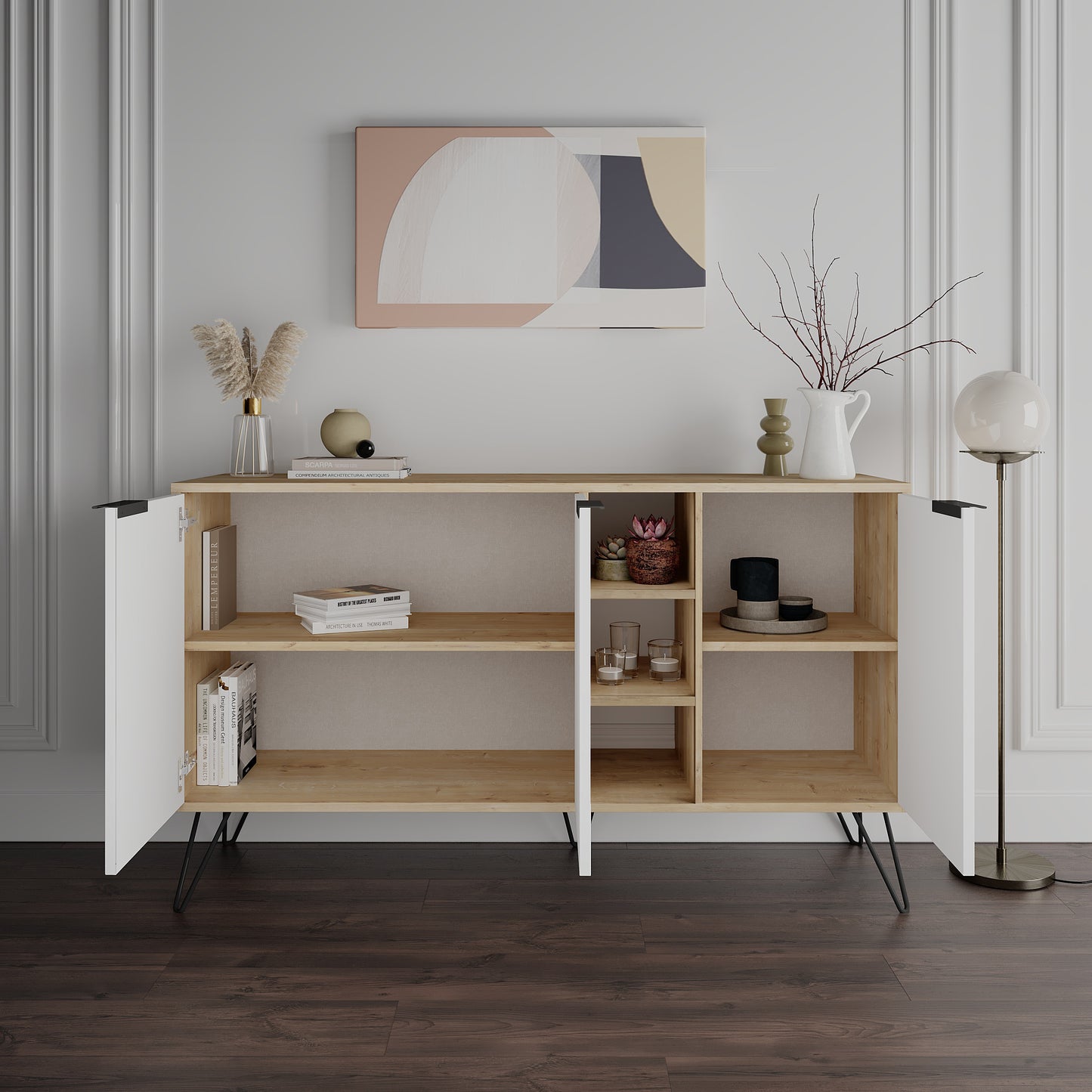 Modern sideboard cabinet with metal legs and closed storage, ideal for living room, dining area or hallway