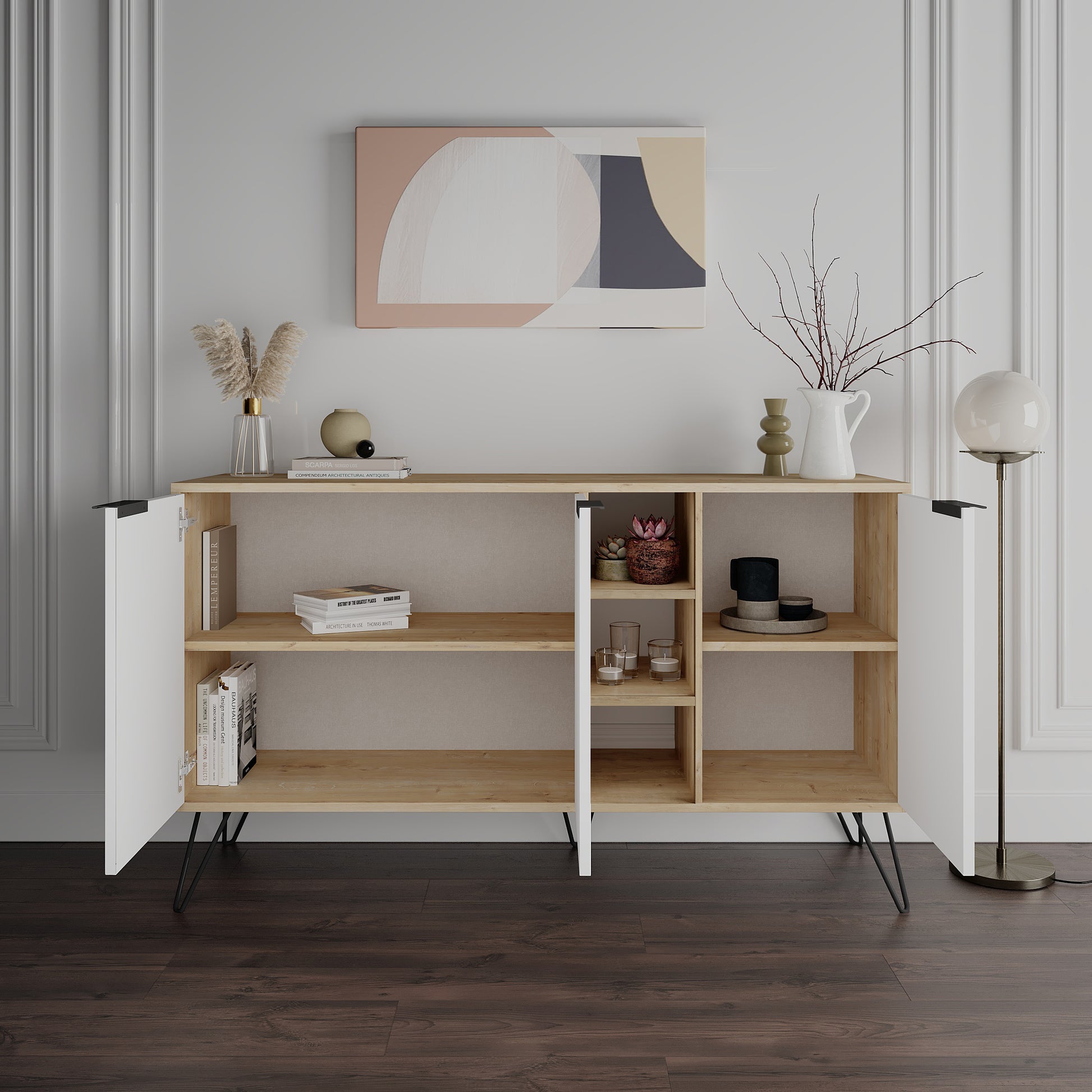 Modern sideboard cabinet with metal legs and closed storage, ideal for living room, dining area or hallway