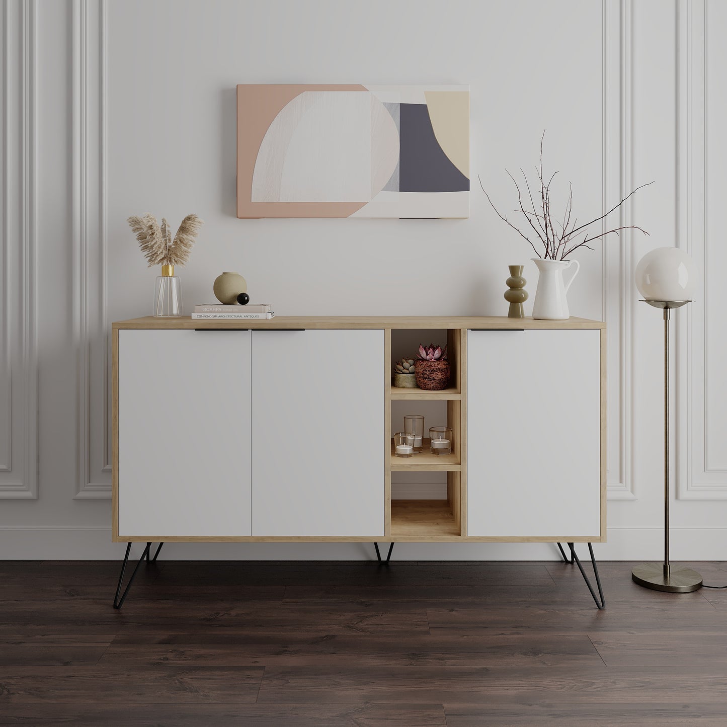 Modern sideboard cabinet with metal legs and closed storage, ideal for living room, dining area or hallway