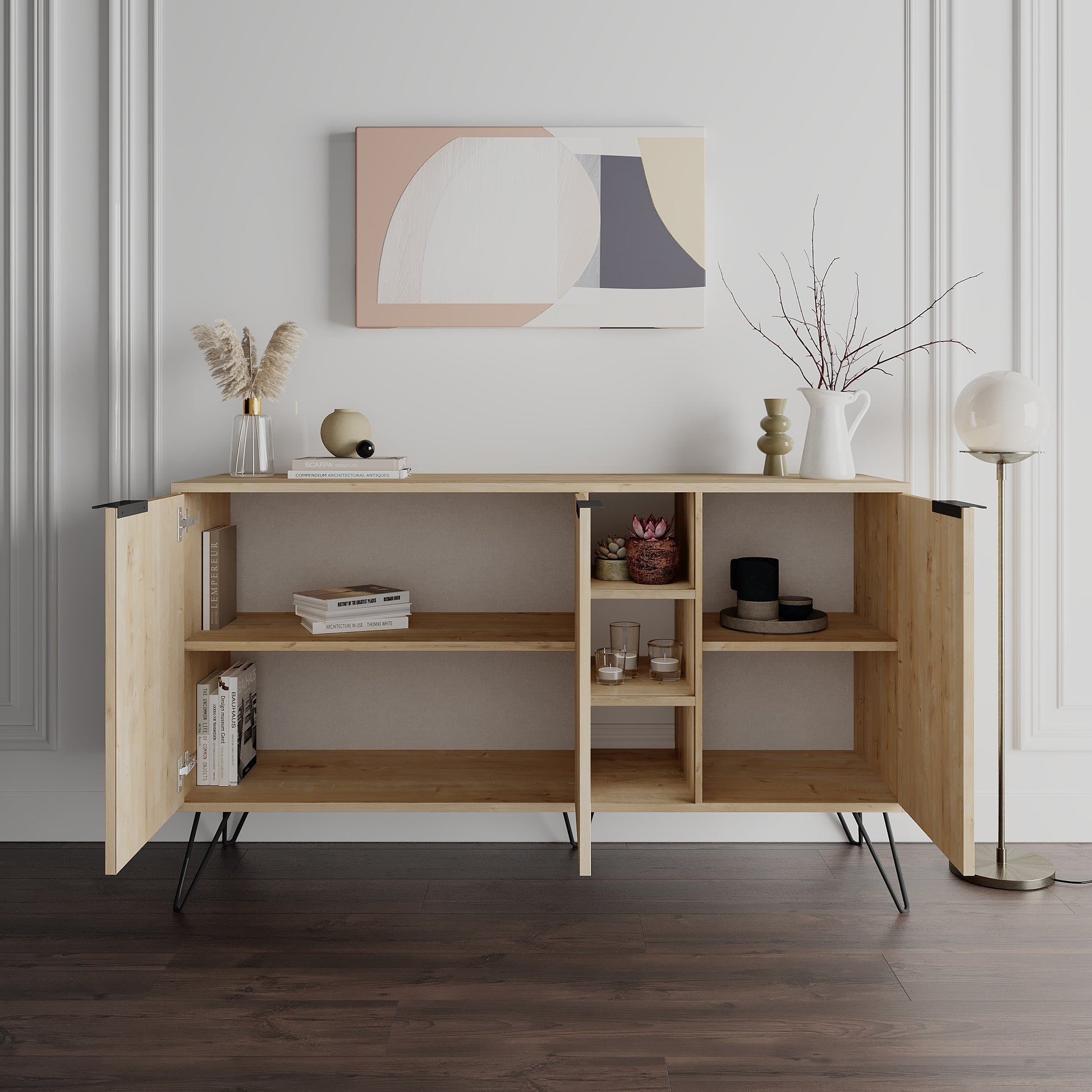 Modern sideboard cabinet with metal legs and closed storage, ideal for living room, dining area or hallway