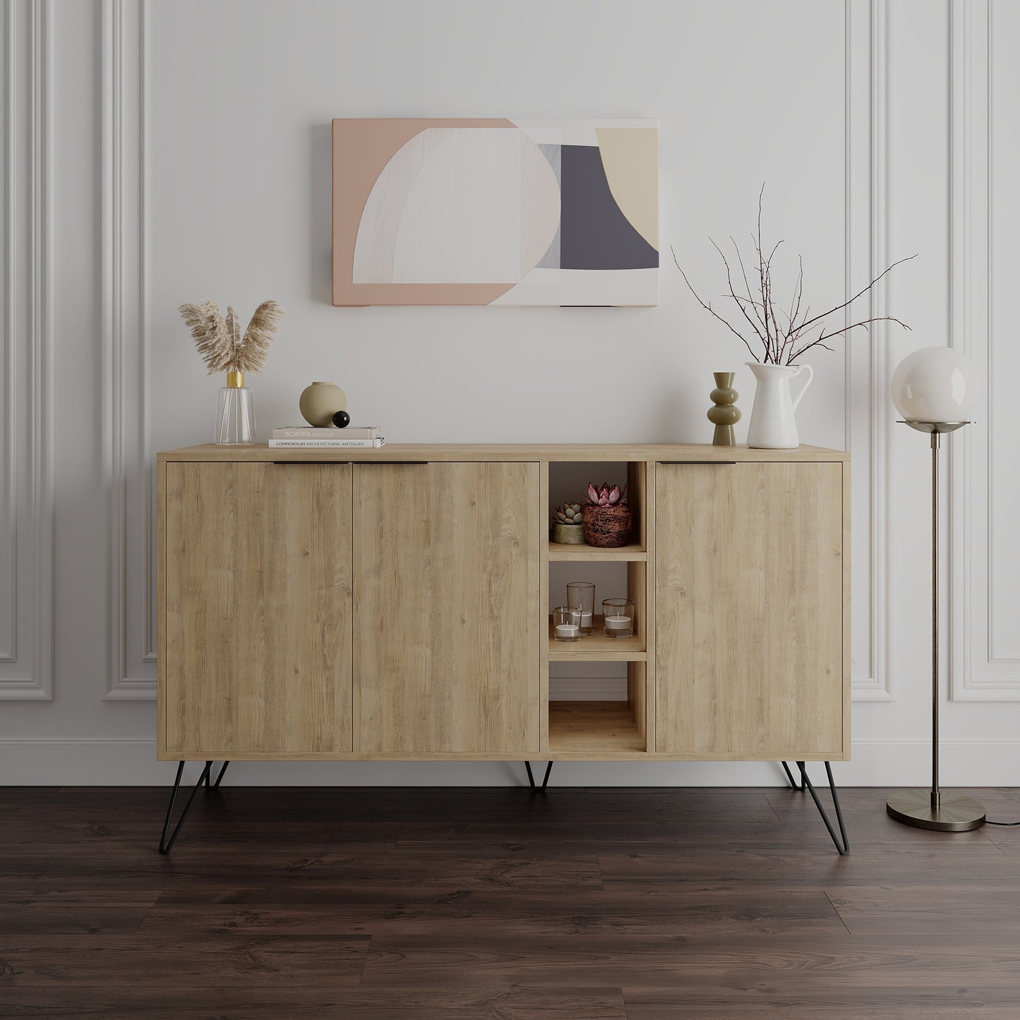 Modern sideboard cabinet with metal legs and closed storage, ideal for living room, dining area or hallway