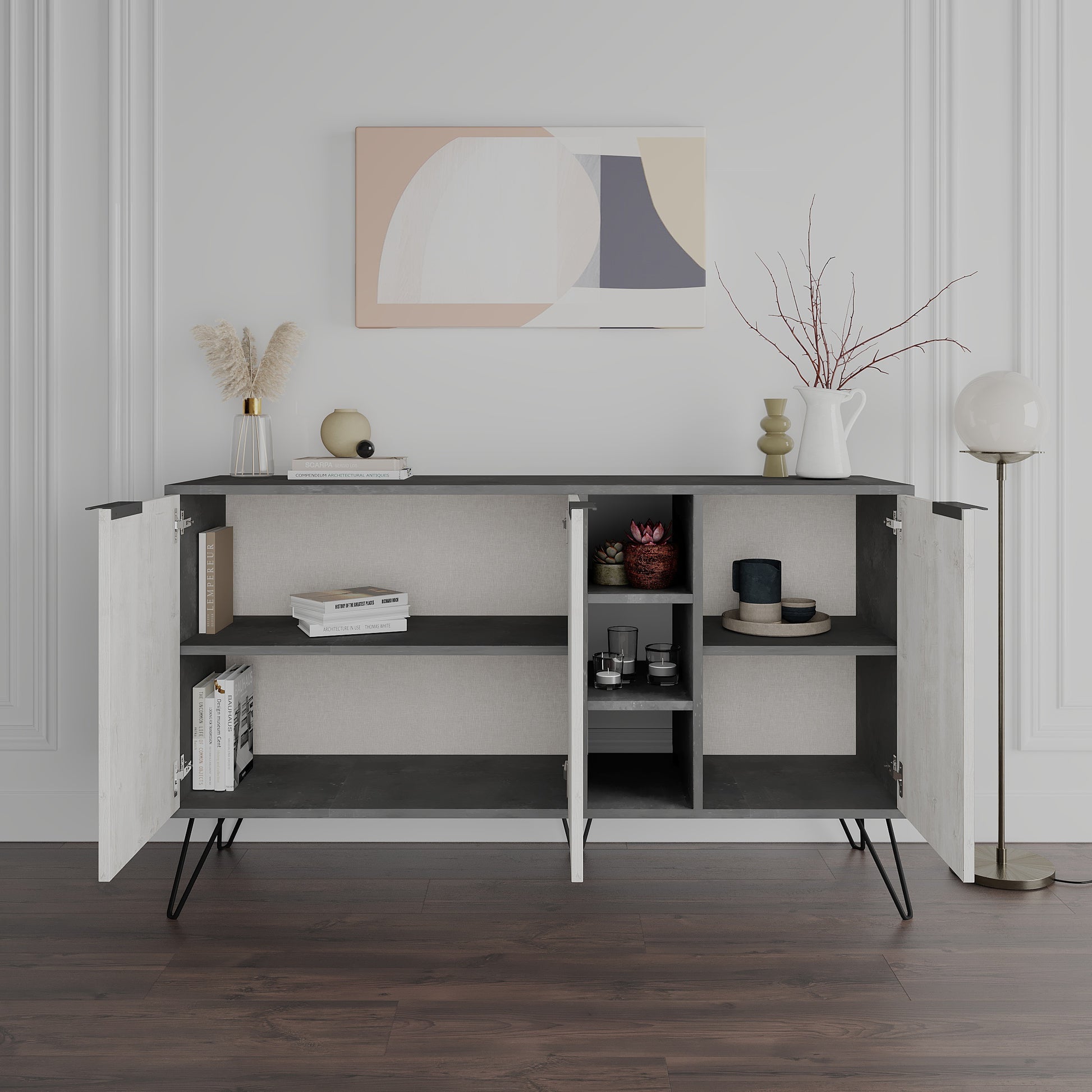 Modern sideboard cabinet with metal legs and closed storage, ideal for living room, dining area or hallway