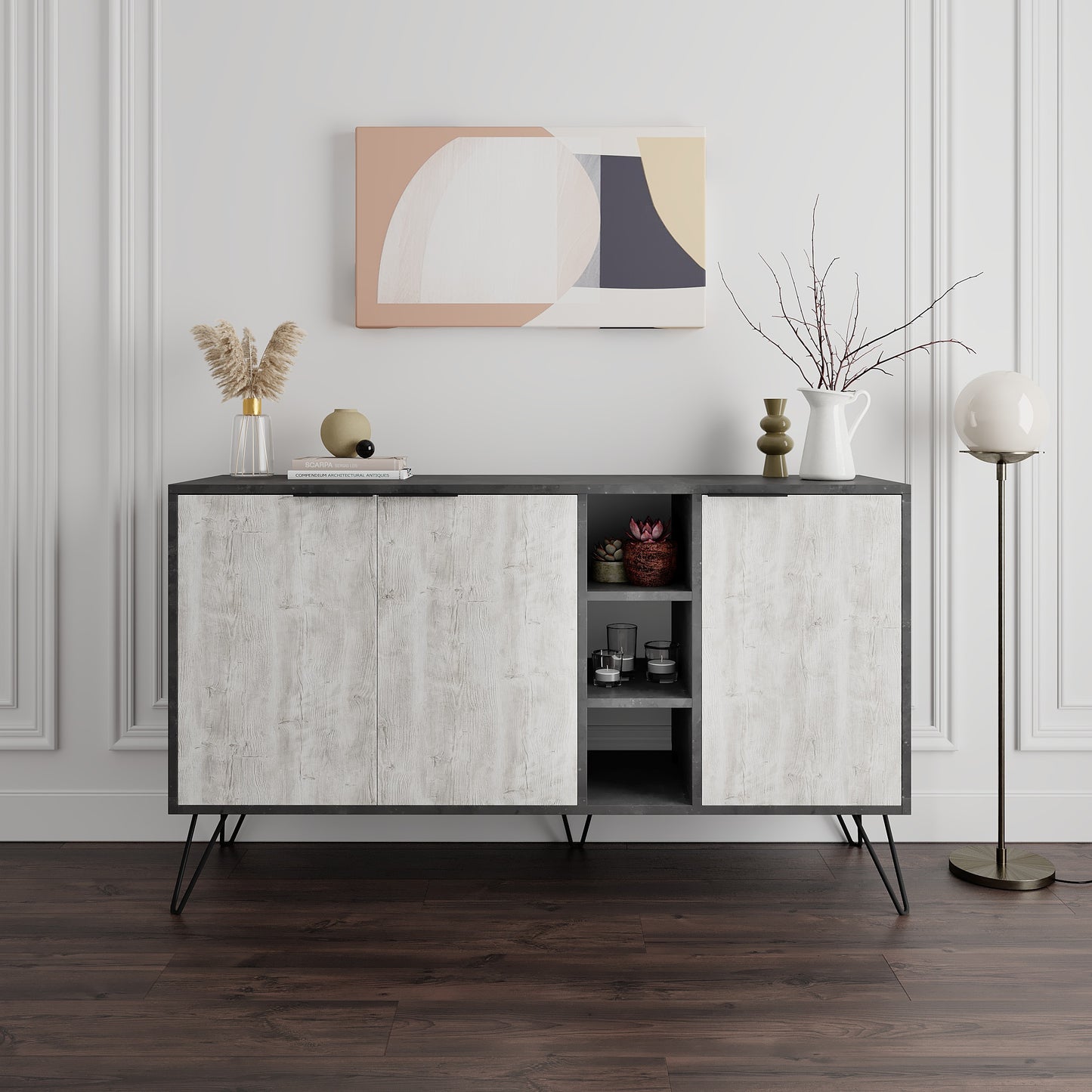 Modern sideboard cabinet with metal legs and closed storage, ideal for living room, dining area or hallway