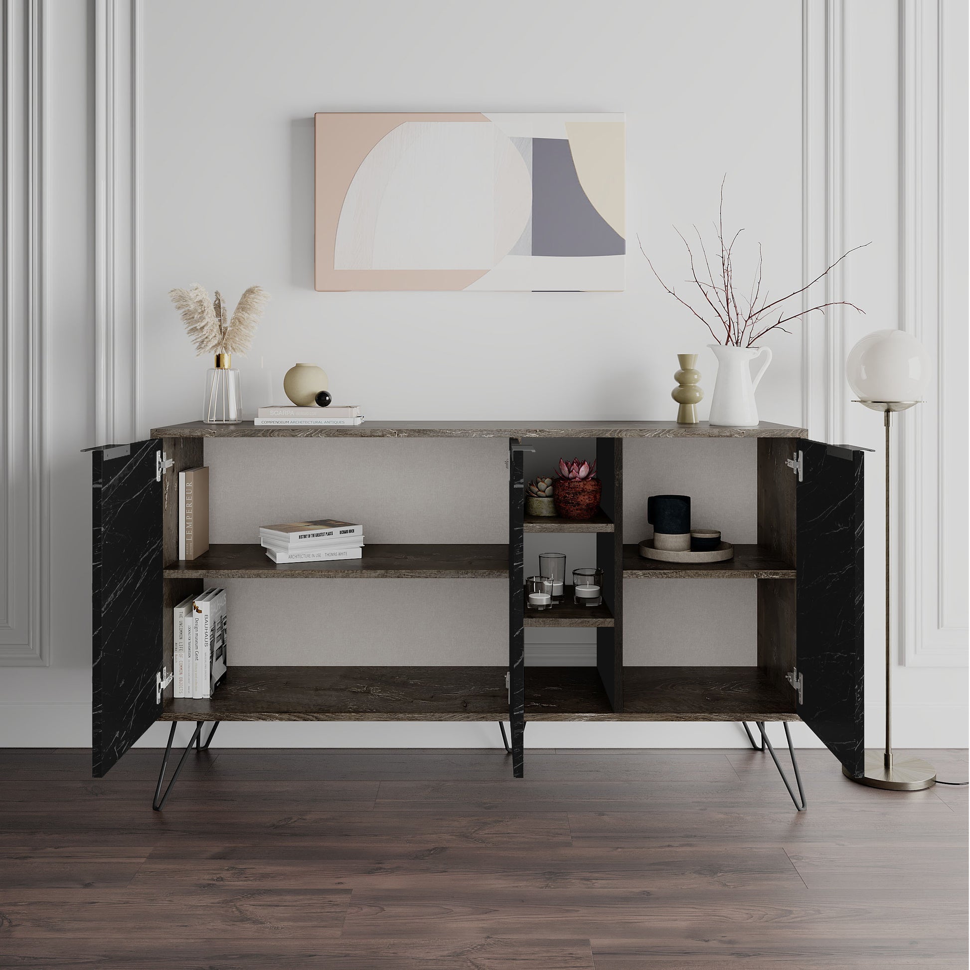 Modern sideboard cabinet with metal legs and closed storage, ideal for living room, dining area or hallway