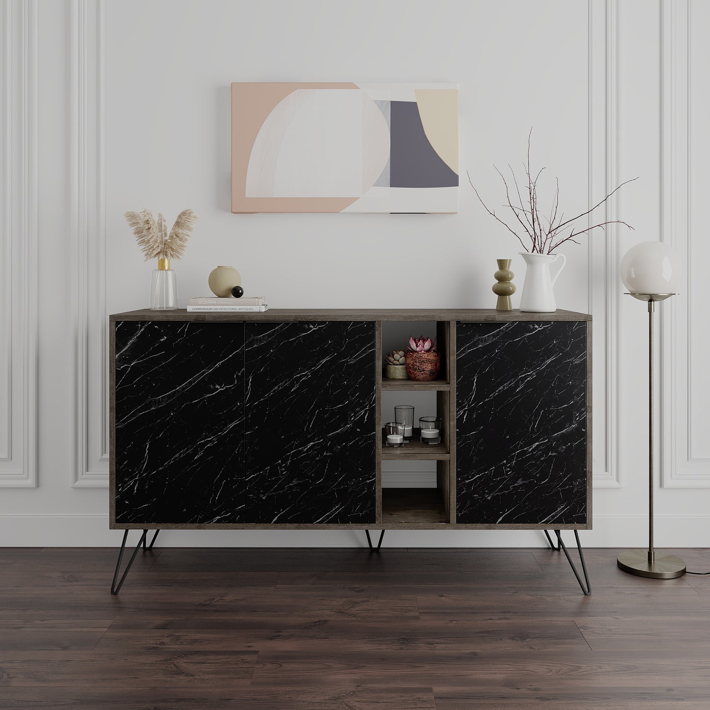 Modern sideboard cabinet with metal legs and closed storage, ideal for living room, dining area or hallway