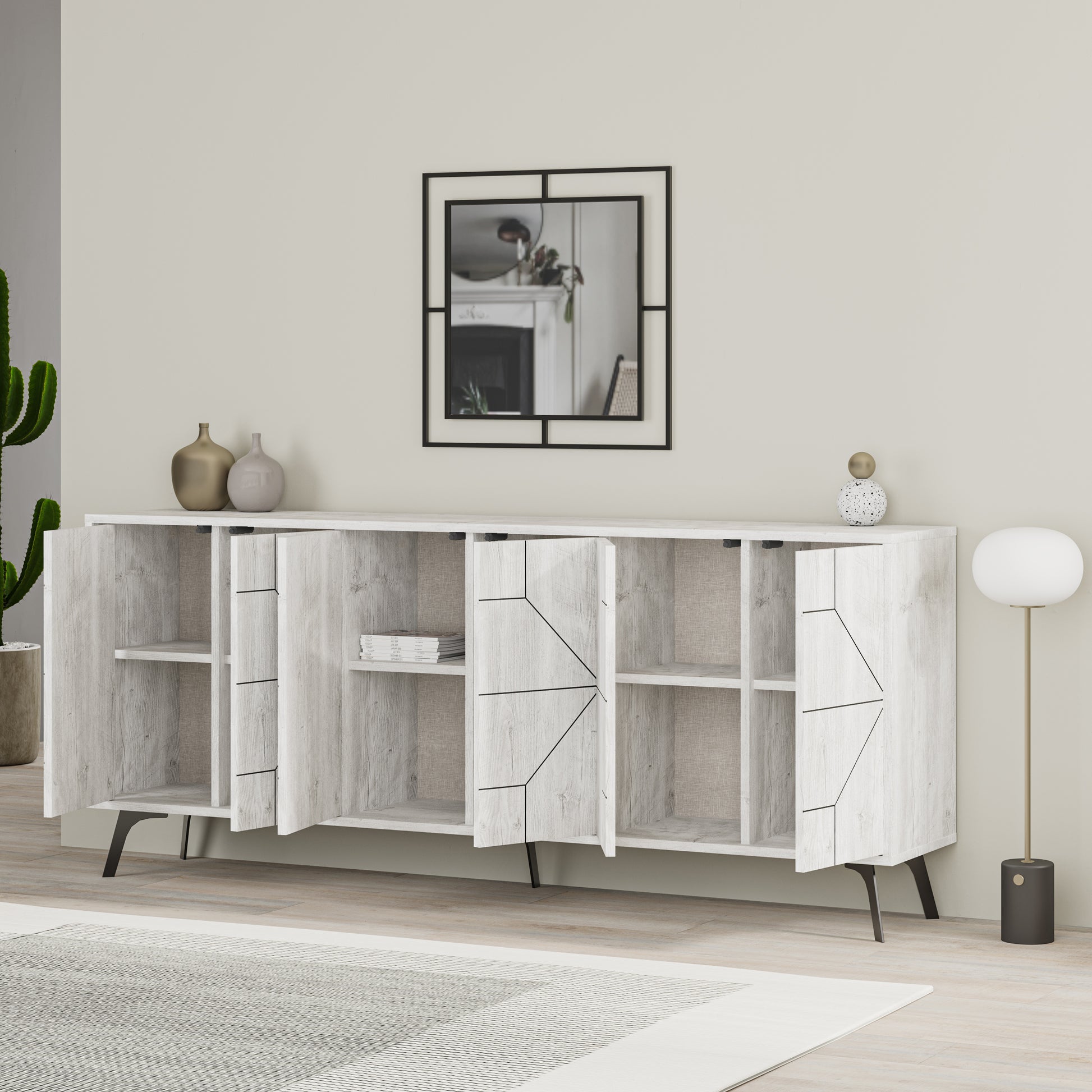 Modern sideboard cabinet with metal legs and geometric doors, ideal for stylish storage in living or dining rooms