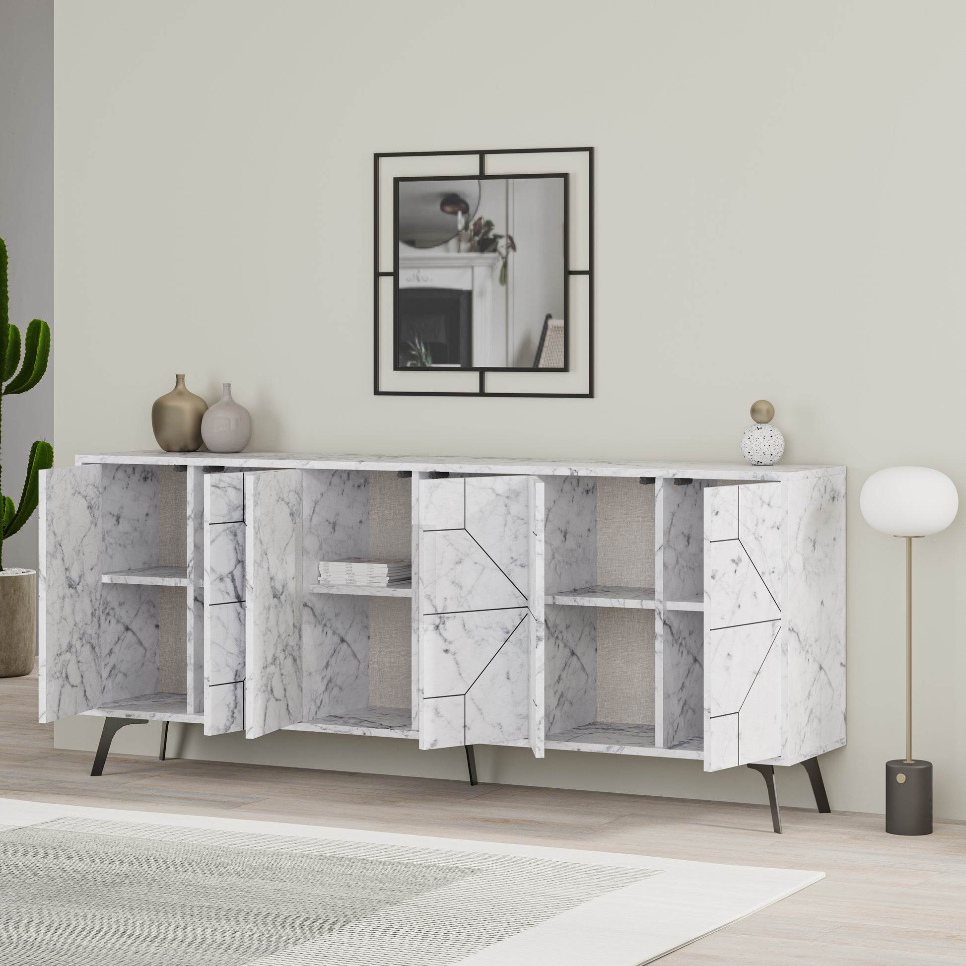 Modern sideboard cabinet with metal legs and geometric doors, ideal for stylish storage in living or dining rooms