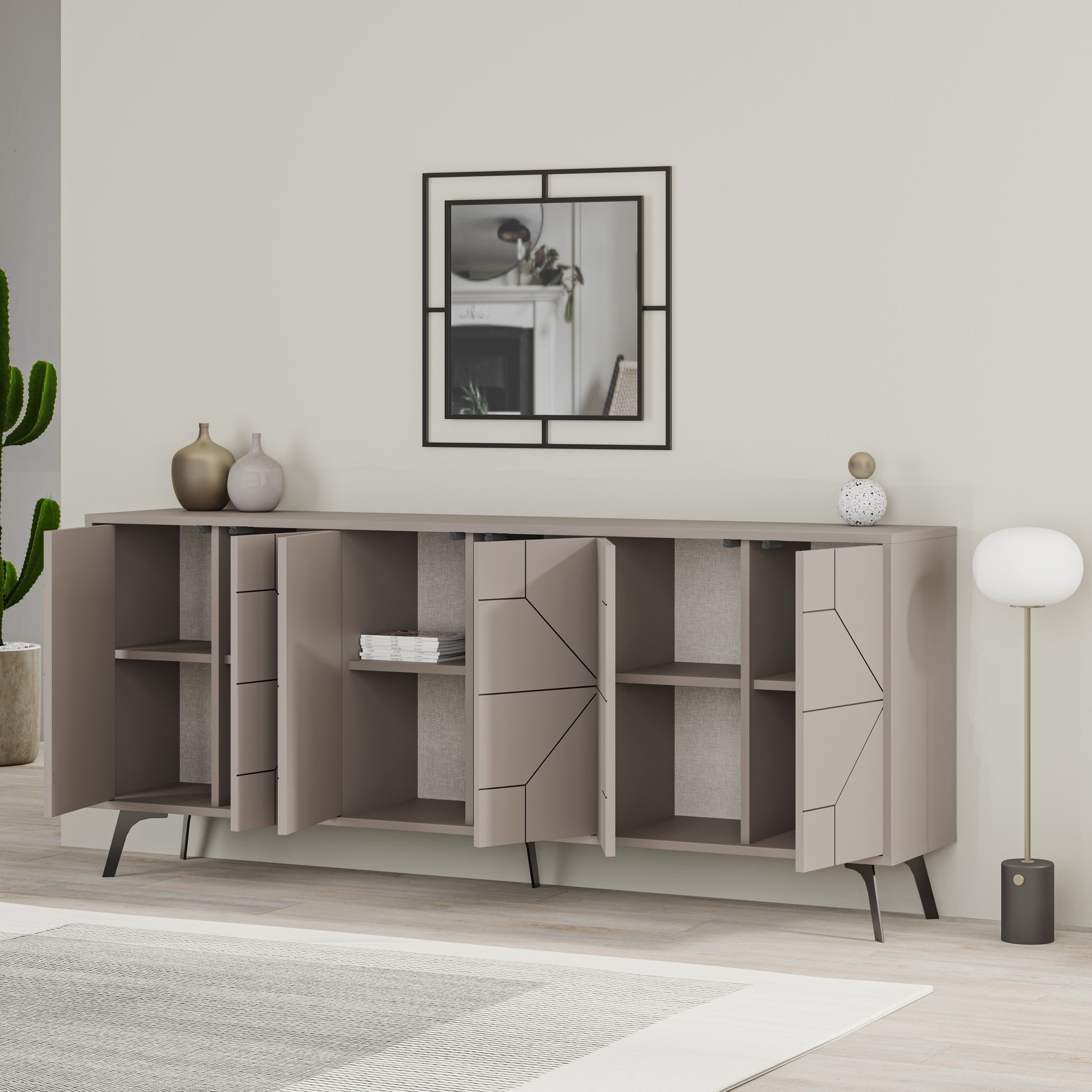 Modern sideboard cabinet with metal legs and geometric doors, ideal for stylish storage in living or dining rooms