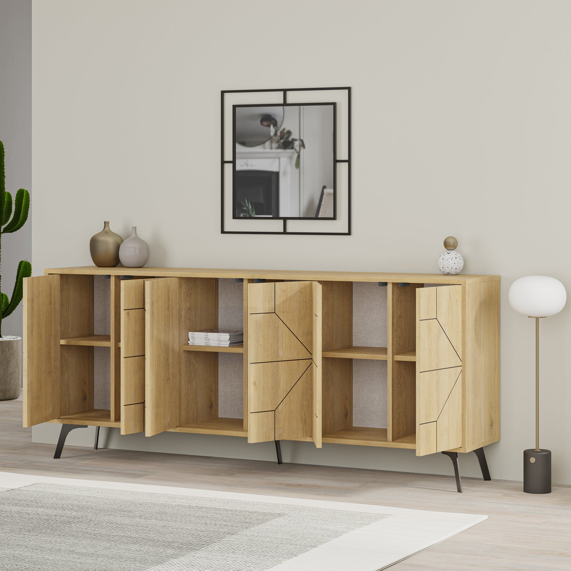 Modern sideboard cabinet with metal legs and geometric doors, ideal for stylish storage in living or dining rooms