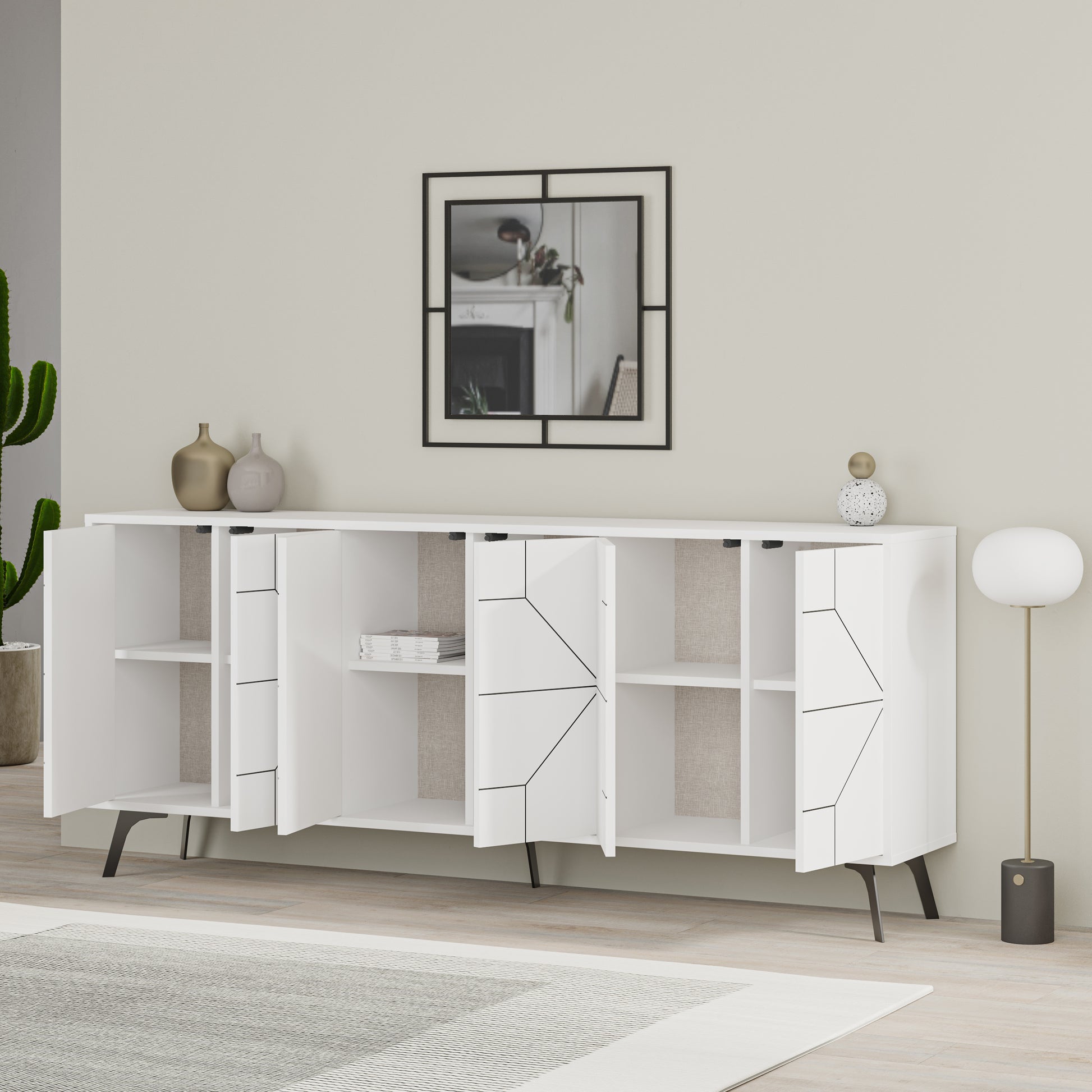 Modern sideboard cabinet with metal legs and geometric doors, ideal for stylish storage in living or dining rooms