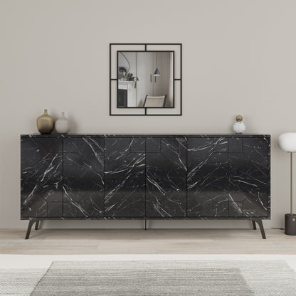 Modern sideboard cabinet with metal legs and geometric doors, ideal for stylish storage in living or dining rooms