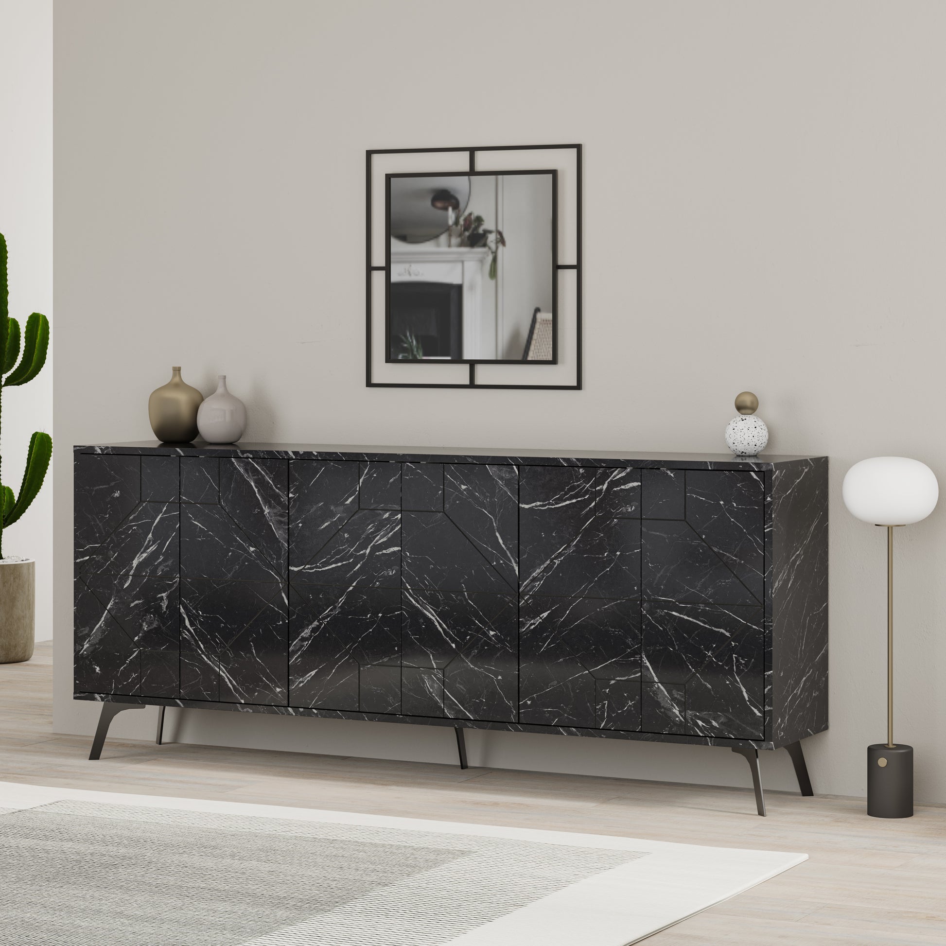 Modern sideboard cabinet with metal legs and geometric doors, ideal for stylish storage in living or dining rooms