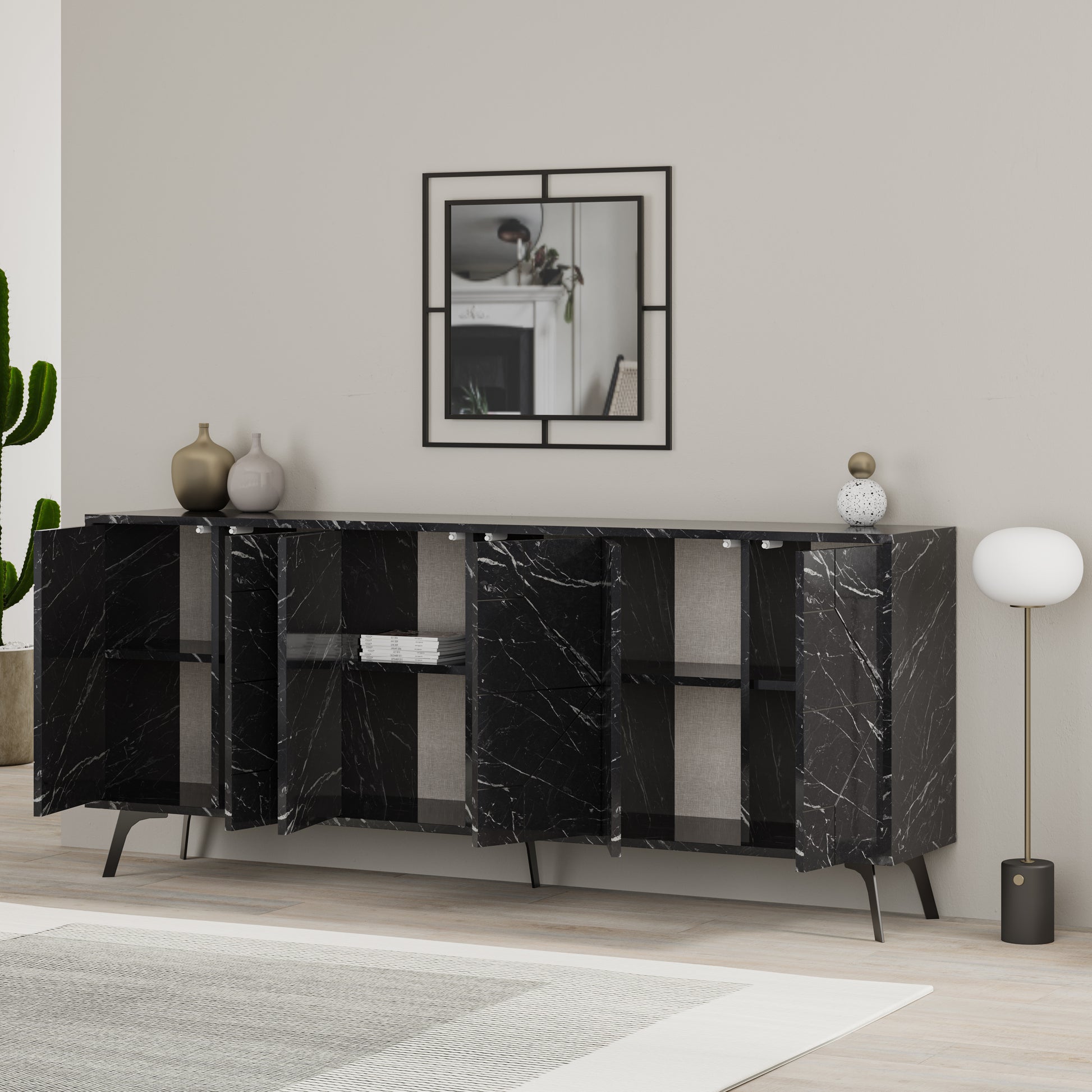 Modern sideboard cabinet with metal legs and geometric doors, ideal for stylish storage in living or dining rooms