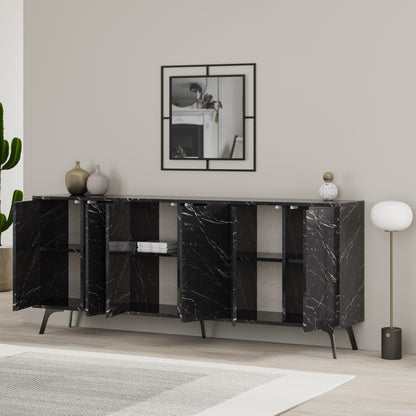 Modern sideboard cabinet with metal legs and geometric doors, ideal for stylish storage in living or dining rooms