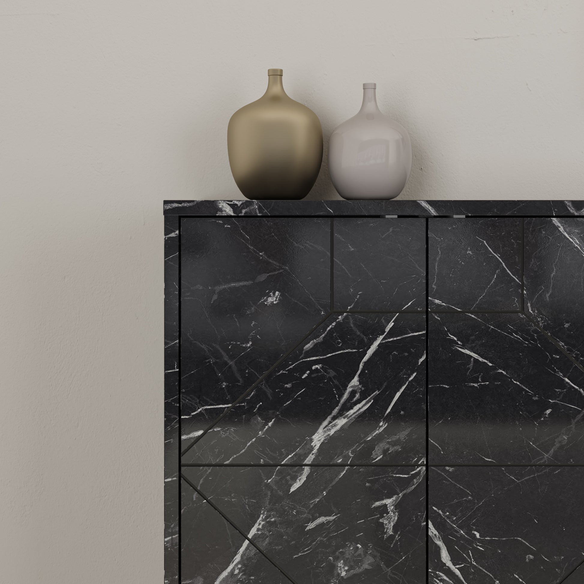 Modern sideboard cabinet with metal legs and geometric doors, ideal for stylish storage in living or dining rooms