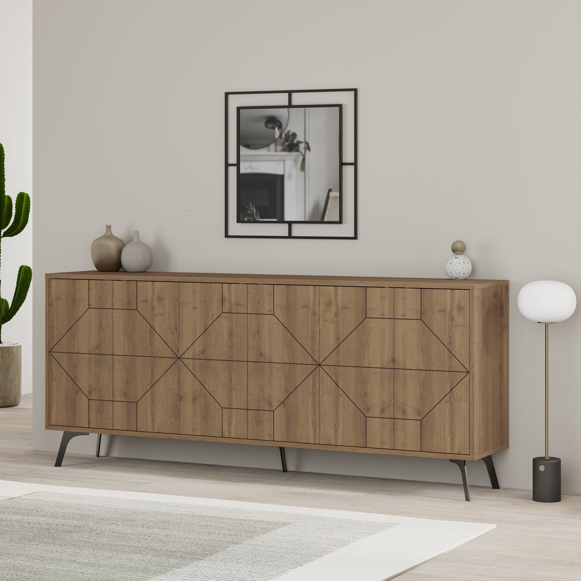 Modern sideboard cabinet with metal legs and geometric doors, ideal for stylish storage in living or dining rooms