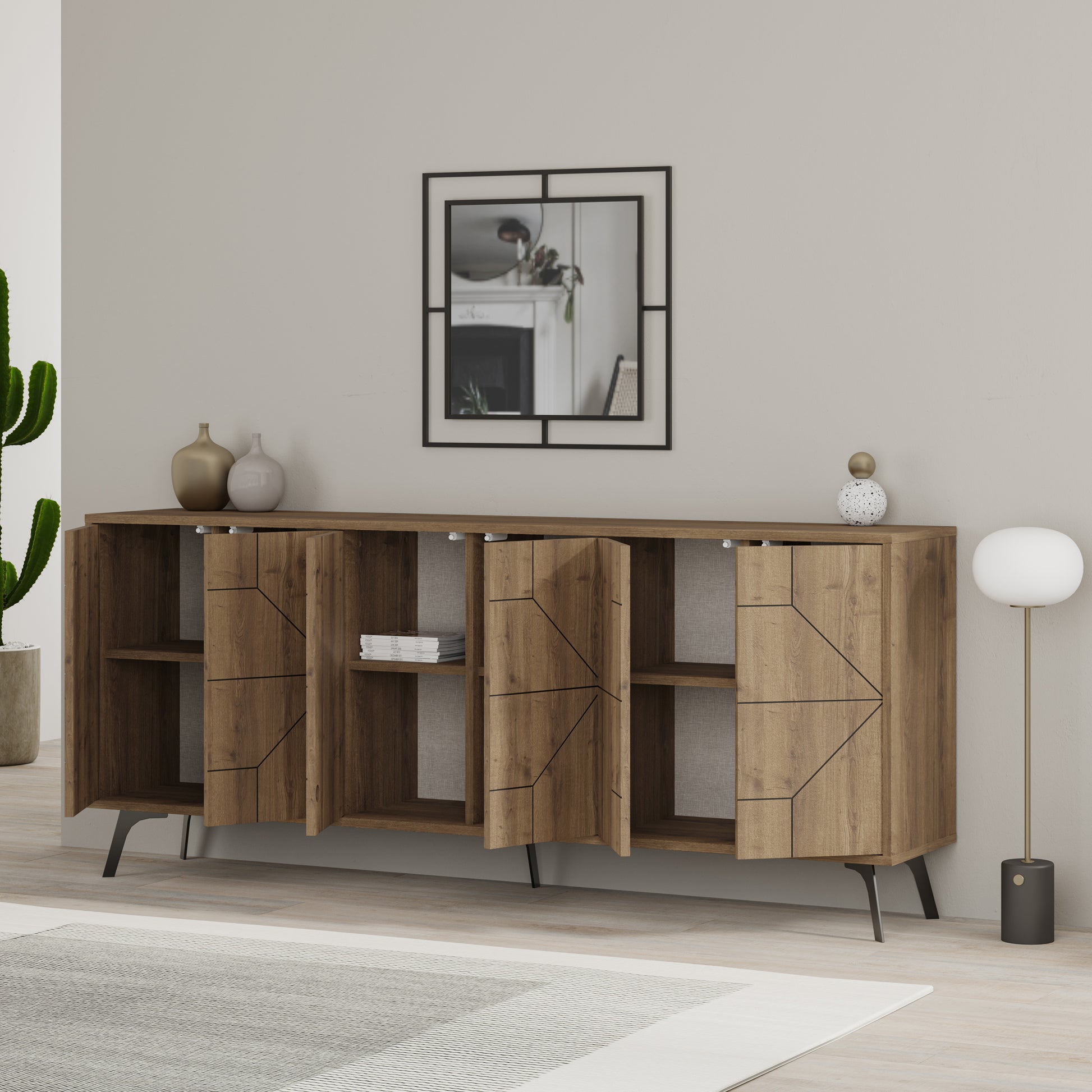 Modern sideboard cabinet with metal legs and geometric doors, ideal for stylish storage in living or dining rooms