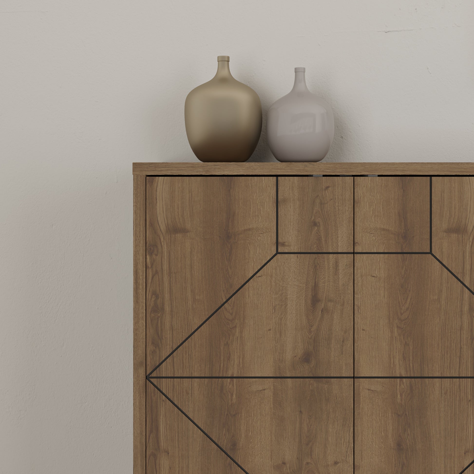 Modern sideboard cabinet with metal legs and geometric doors, ideal for stylish storage in living or dining rooms
