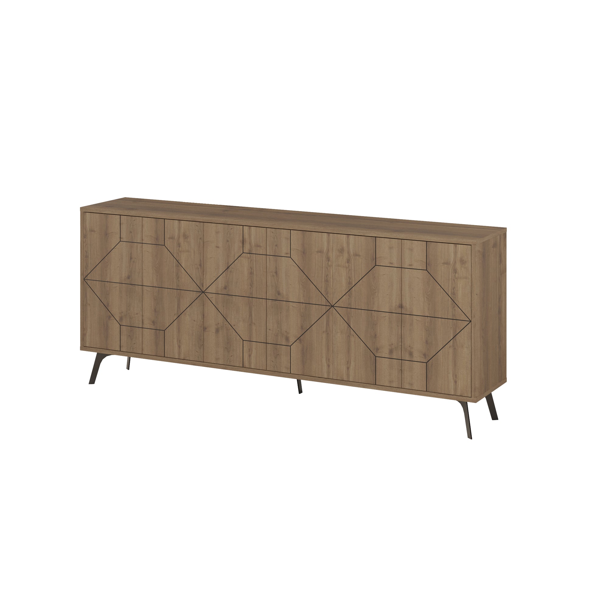 Modern sideboard cabinet with metal legs and geometric doors, ideal for stylish storage in living or dining rooms