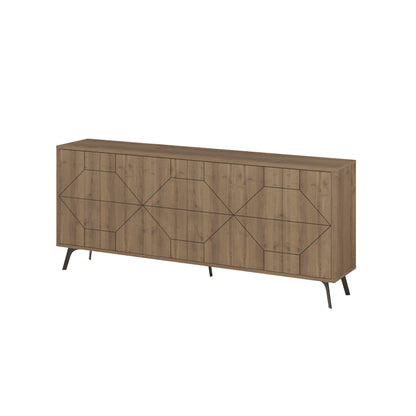 Modern sideboard cabinet with metal legs and geometric doors, ideal for stylish storage in living or dining rooms