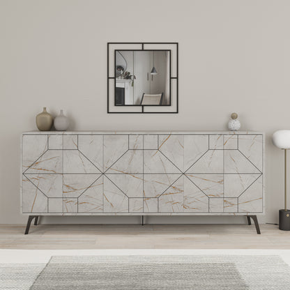 Modern sideboard cabinet with metal legs and geometric doors, ideal for stylish storage in living or dining rooms