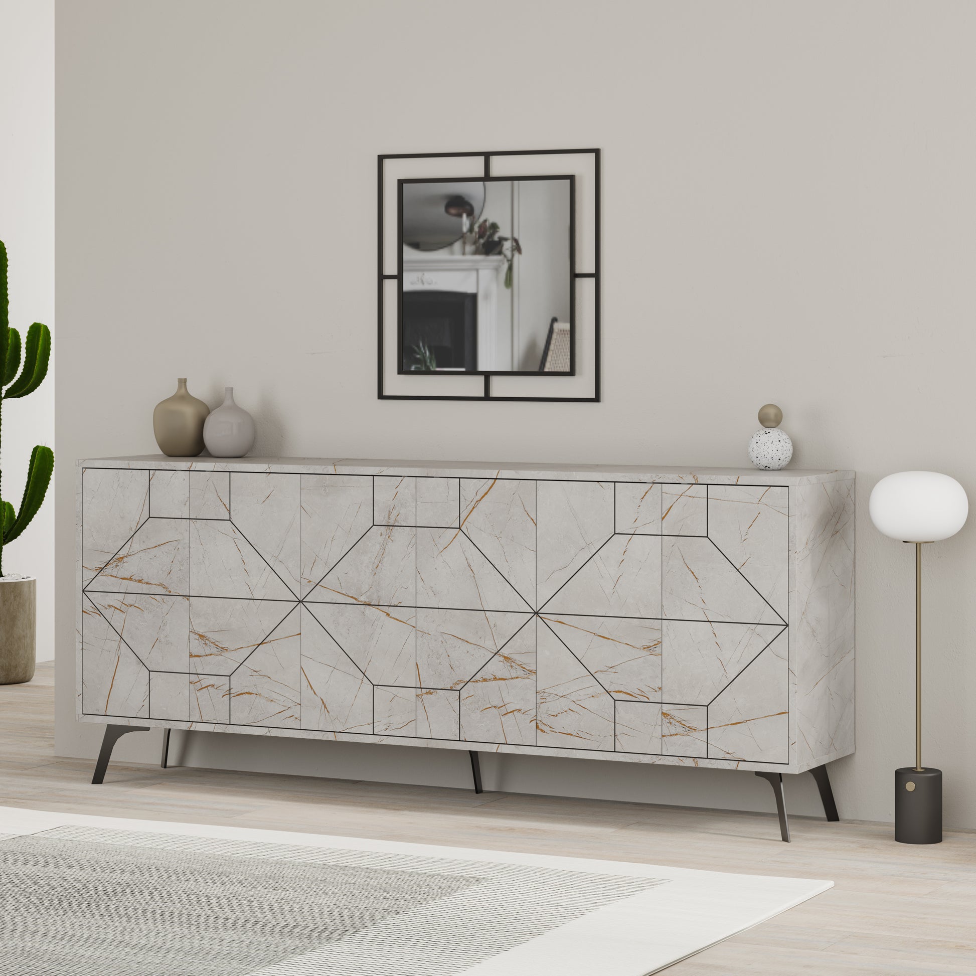 Modern sideboard cabinet with metal legs and geometric doors, ideal for stylish storage in living or dining rooms