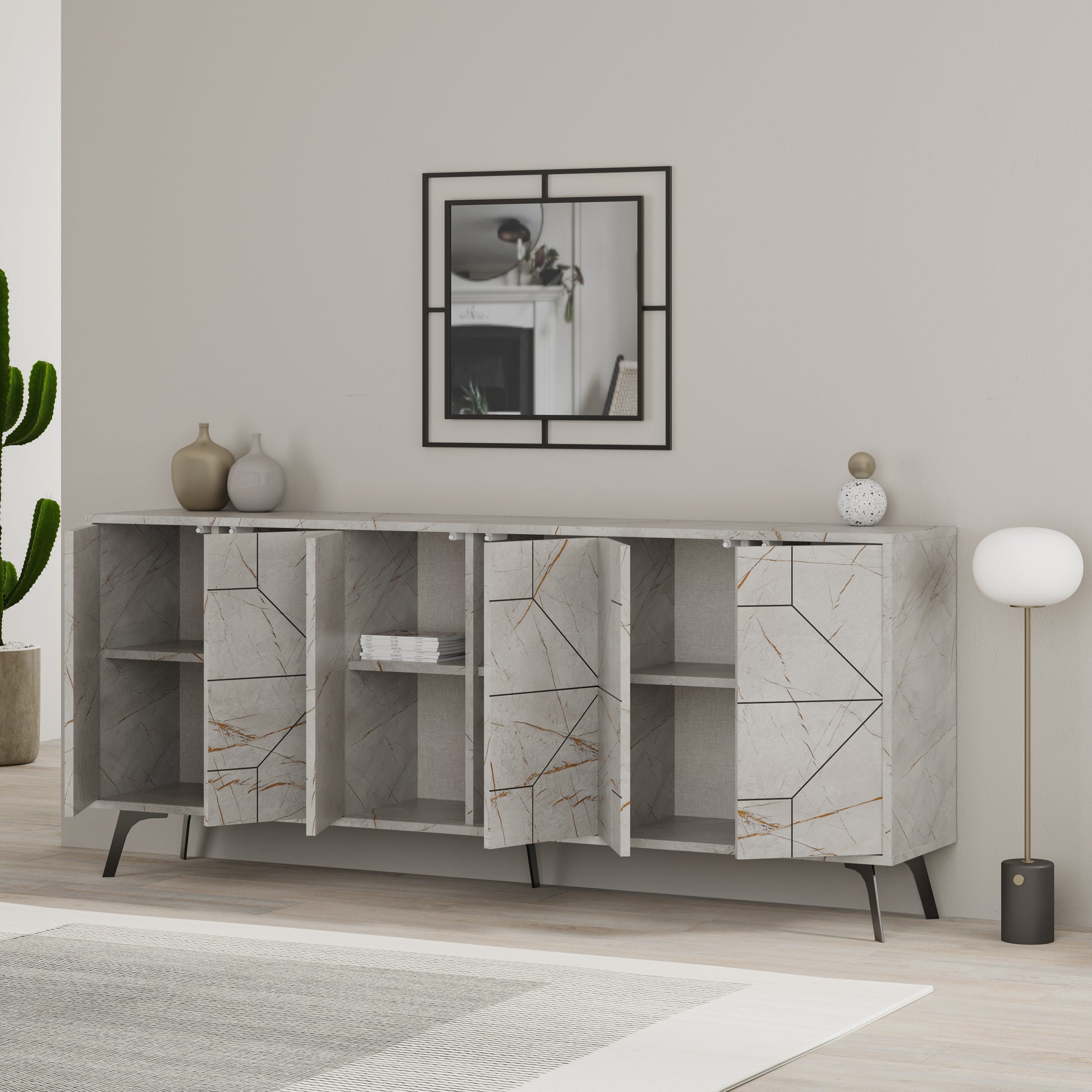 Modern sideboard cabinet with metal legs and geometric doors, ideal for stylish storage in living or dining rooms