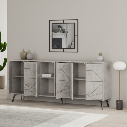 Modern sideboard cabinet with metal legs and geometric doors, ideal for stylish storage in living or dining rooms