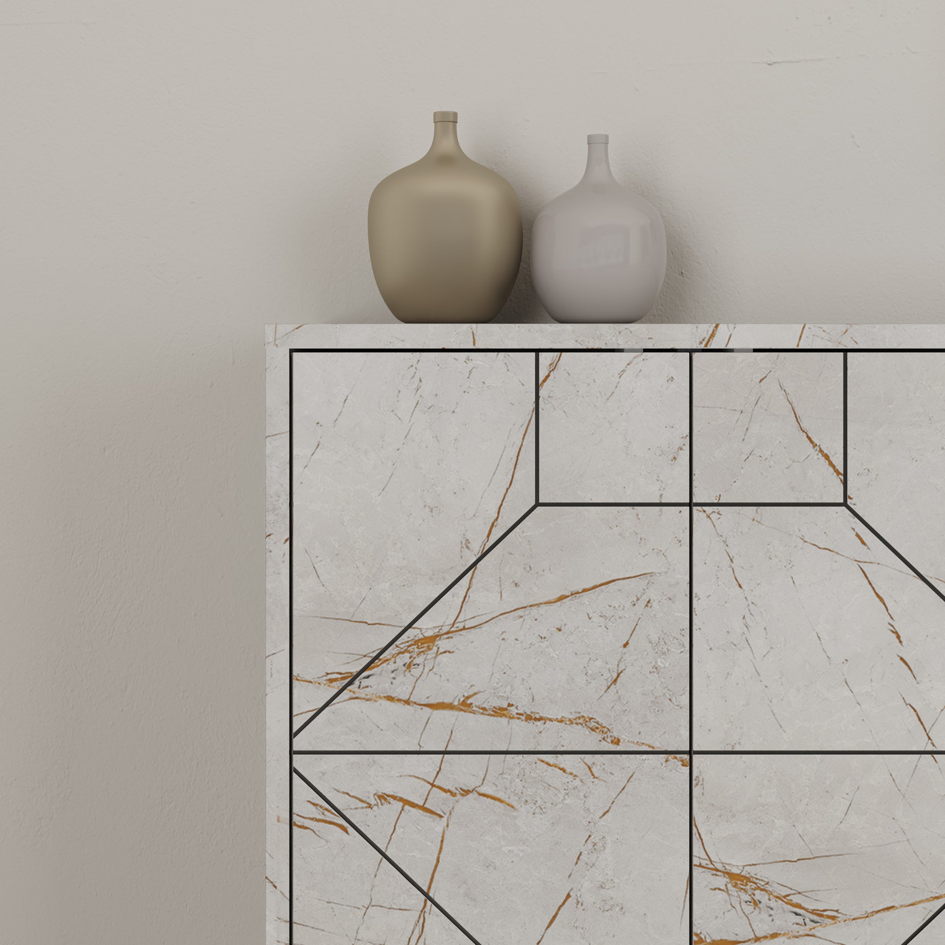 Modern sideboard cabinet with metal legs and geometric doors, ideal for stylish storage in living or dining rooms