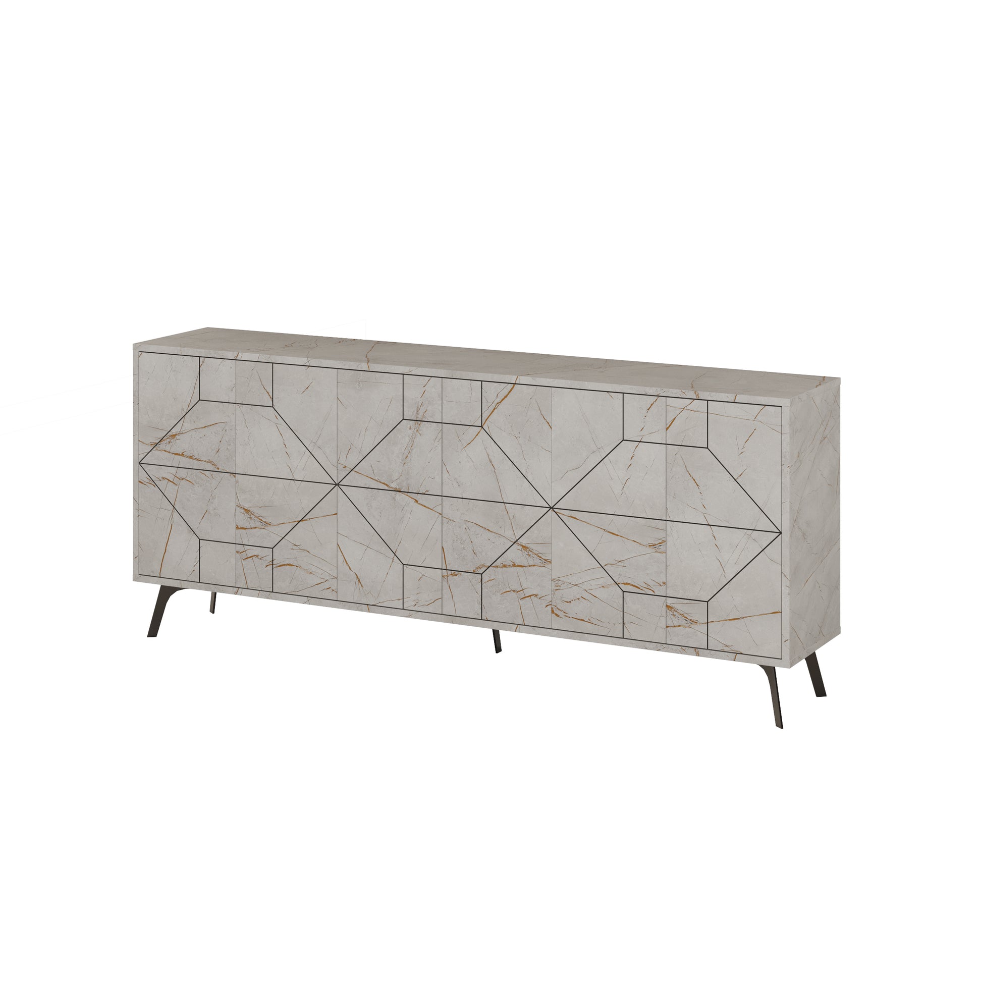 Modern sideboard cabinet with metal legs and geometric doors, ideal for stylish storage in living or dining rooms