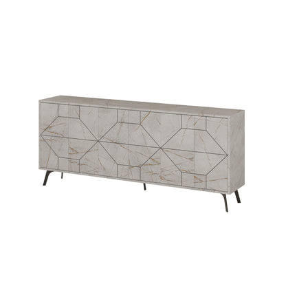 Modern sideboard cabinet with metal legs and geometric doors, ideal for stylish storage in living or dining rooms