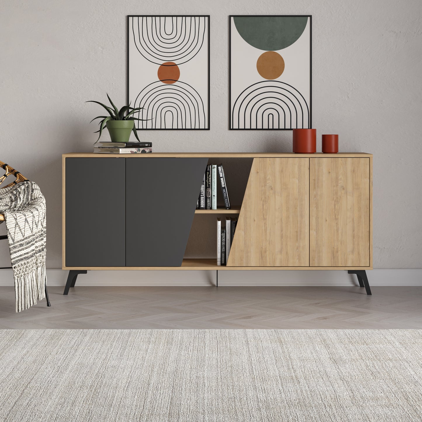 180 cm wide sideboard with anthracite and oak finish, ideal for modern living room or dining room storage