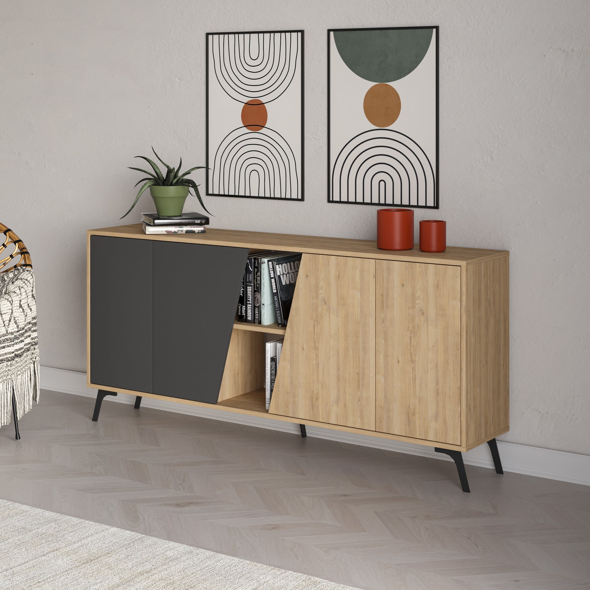 180 cm wide sideboard with anthracite and oak finish, ideal for modern living room or dining room storage