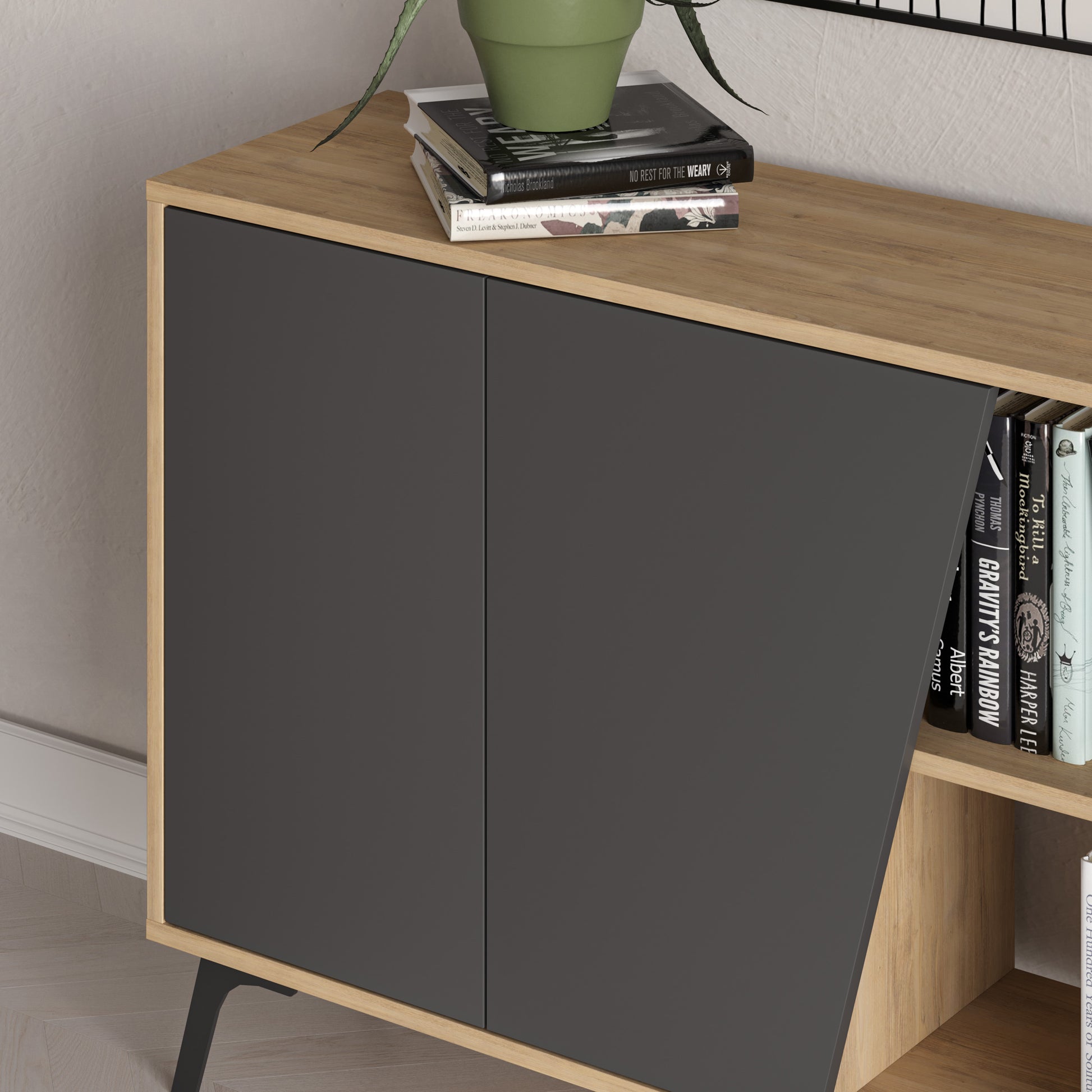 180 cm wide sideboard with anthracite and oak finish, ideal for modern living room or dining room storage