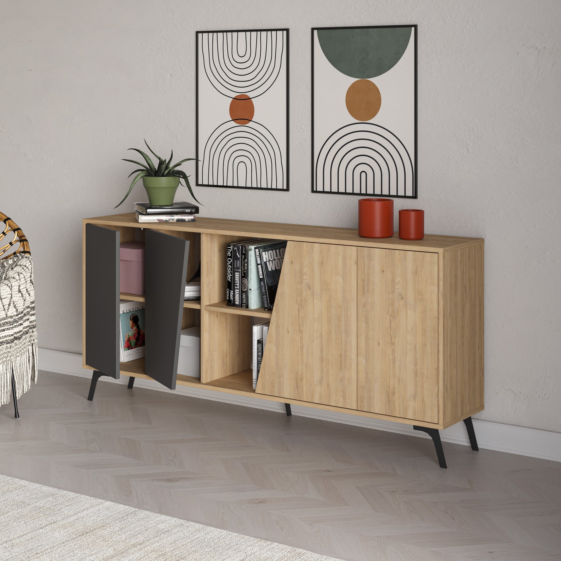 180 cm wide sideboard with anthracite and oak finish, ideal for modern living room or dining room storage