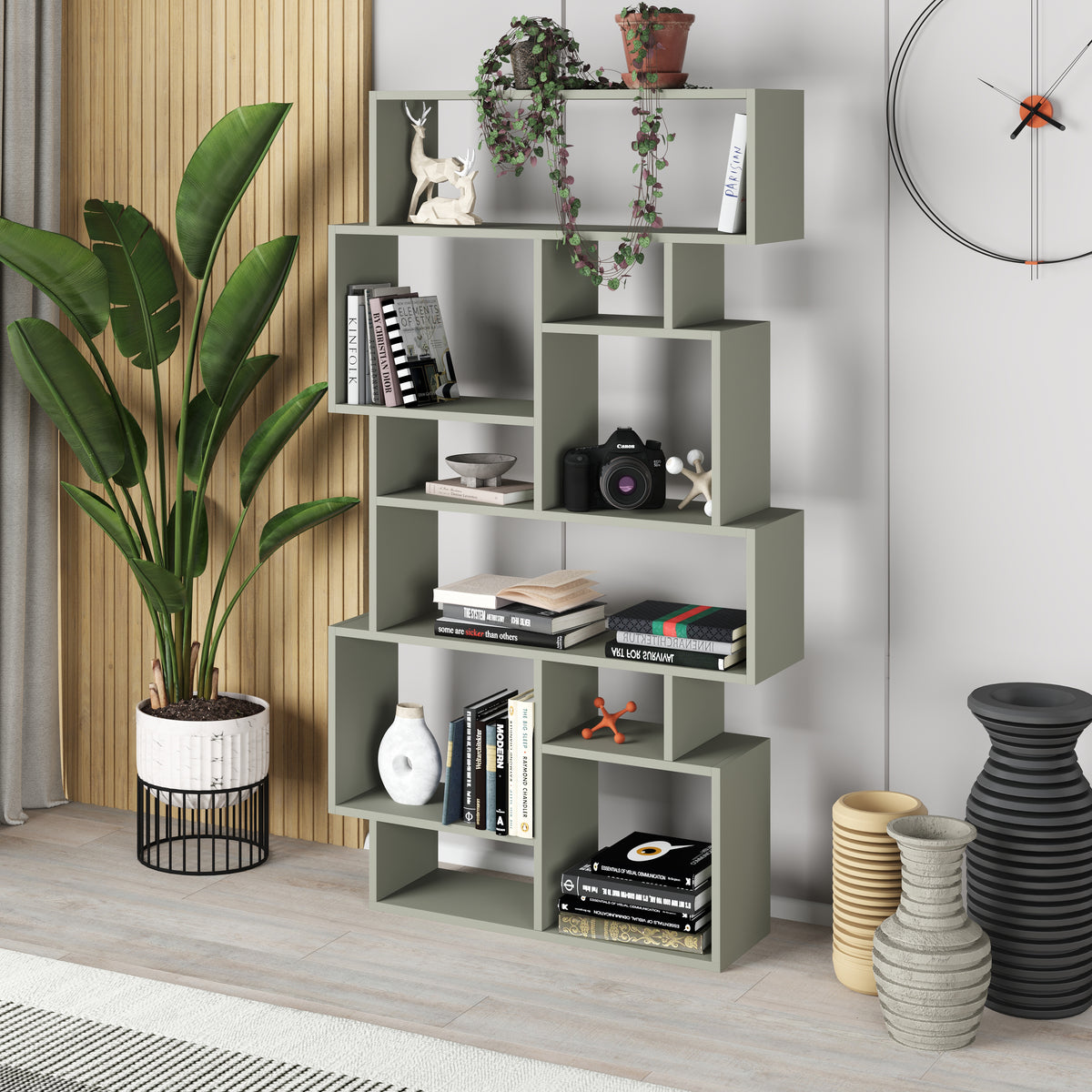 Asymmetrical modern bookcase with open shelves, ideal for books, plants or décor in stylish contemporary interiors