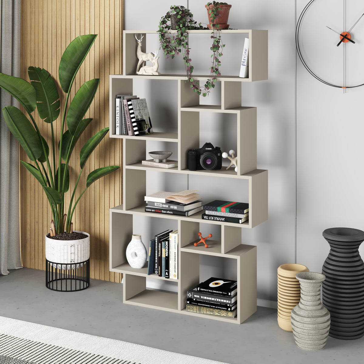 Asymmetrical modern bookcase with open shelves, ideal for books, plants or décor in stylish contemporary interiors