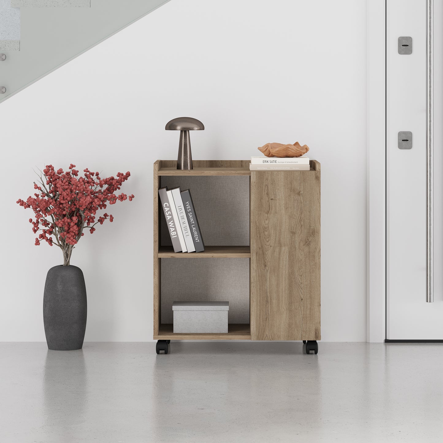 Zeo Cabinet with Wheels – Space Saving Storage Unit with Open & Closed Shelves