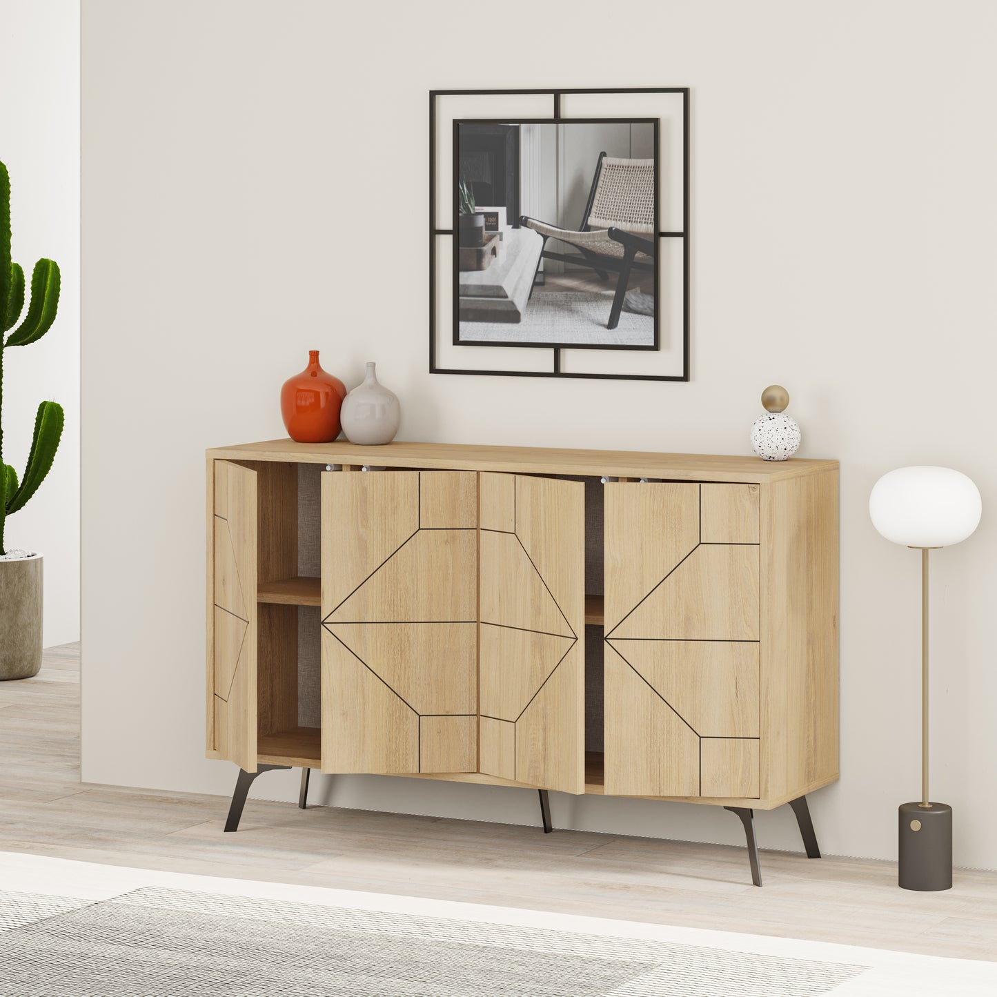 Modern sideboard cabinet with metal legs and closed storage, ideal for living room, dining area or hallway