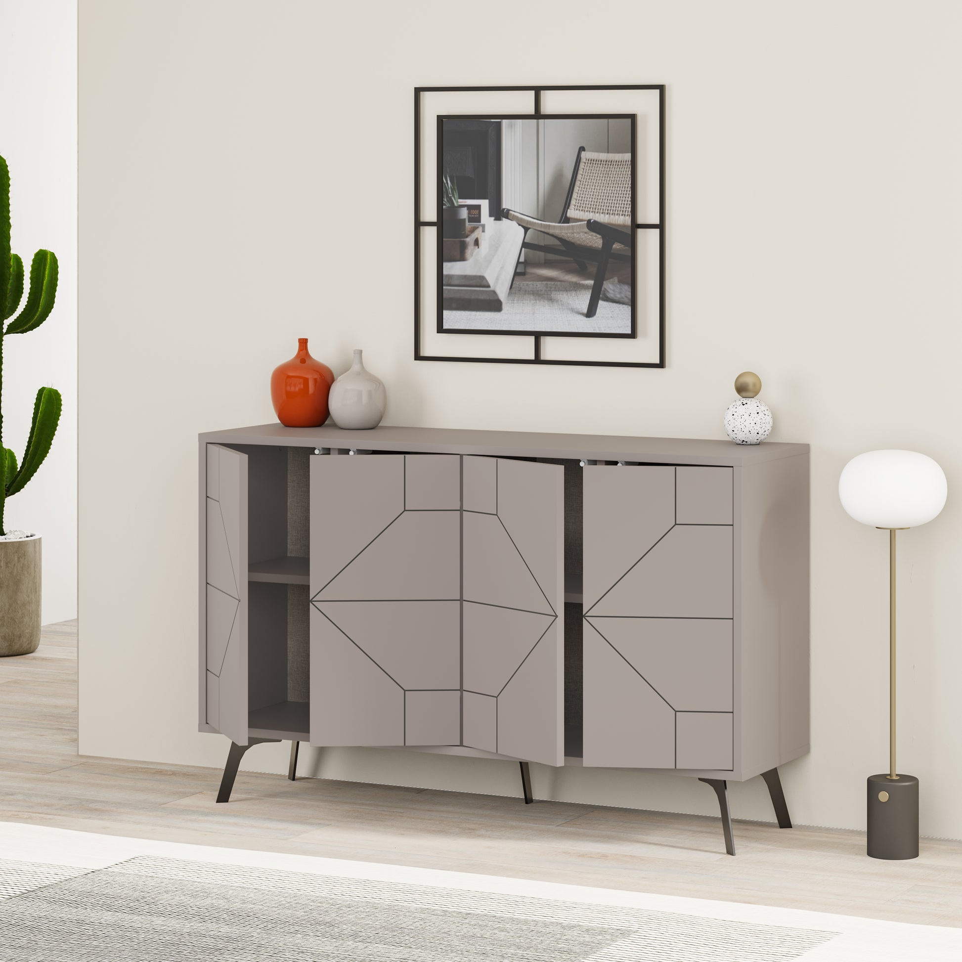 Modern sideboard cabinet with metal legs and closed storage, ideal for living room, dining area or hallway