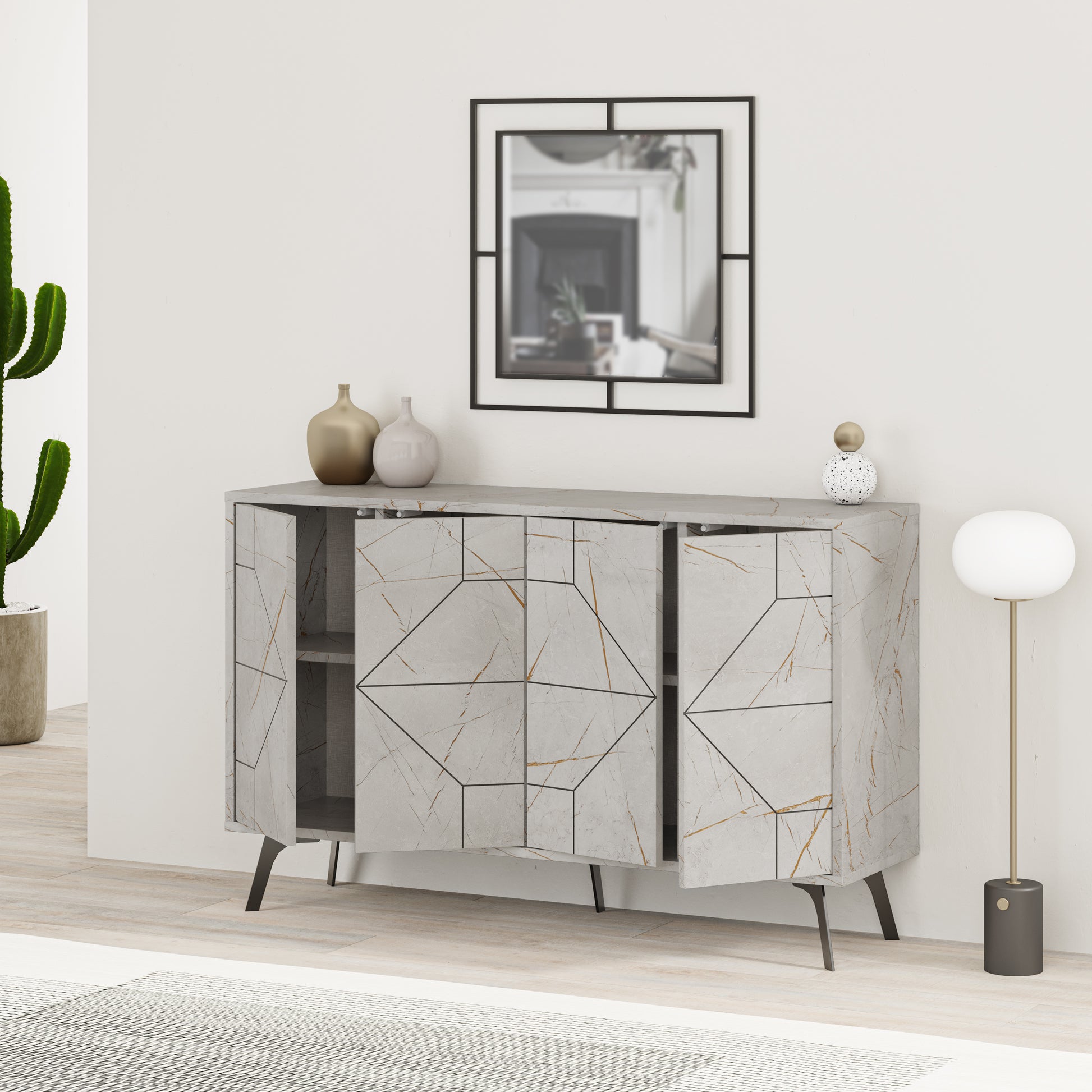 Modern sideboard cabinet with metal legs and closed storage, ideal for living room, dining area or hallway