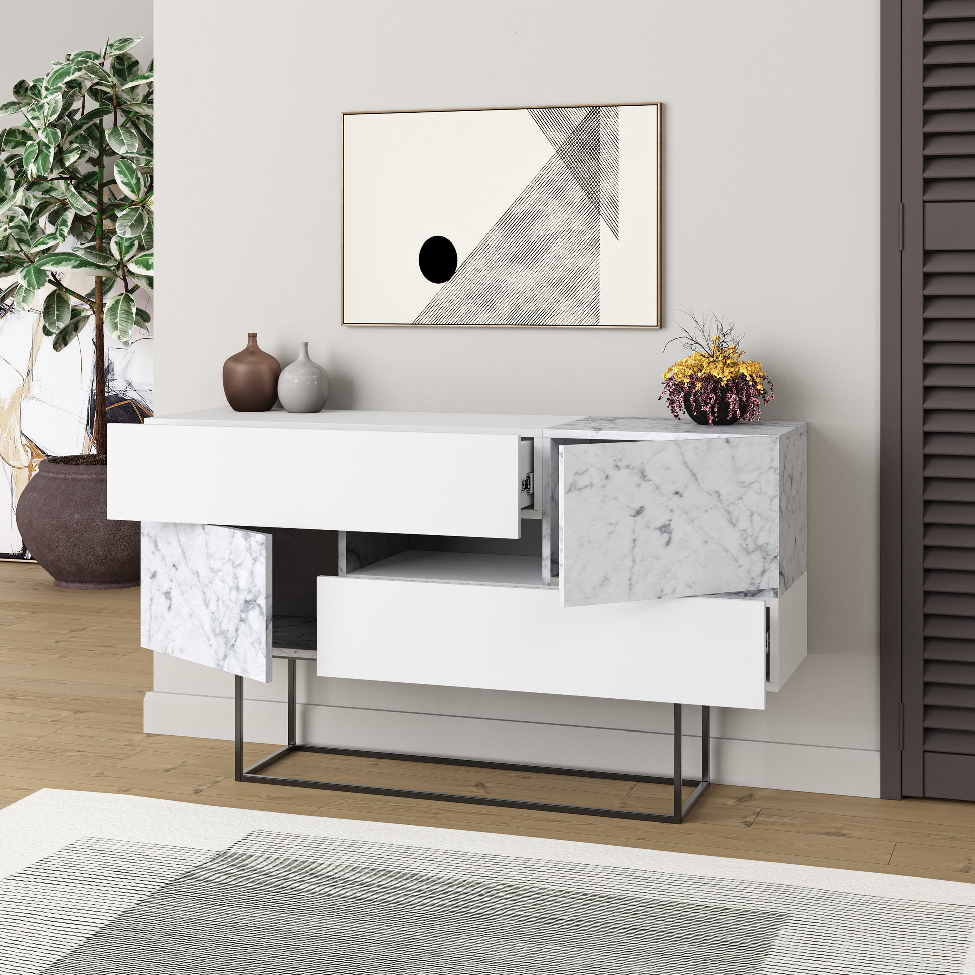 Modern white sideboard with marble effect doors and drawers, perfect for living room, dining room or hallway storage